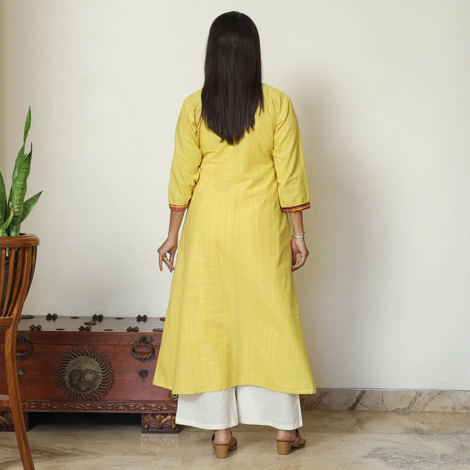 Yellow - Mangalagiri Handloom Cotton A-Line Kurta with Mashru Patchwork 03 - Image 4