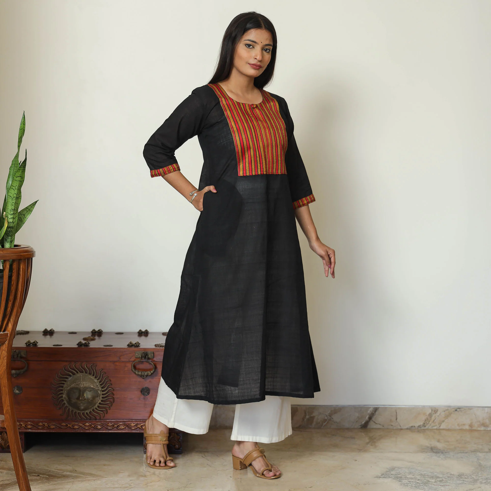 Mangalagiri Handloom Cotton A-Line Kurta with Mashru Patchwork 08 - Image 2