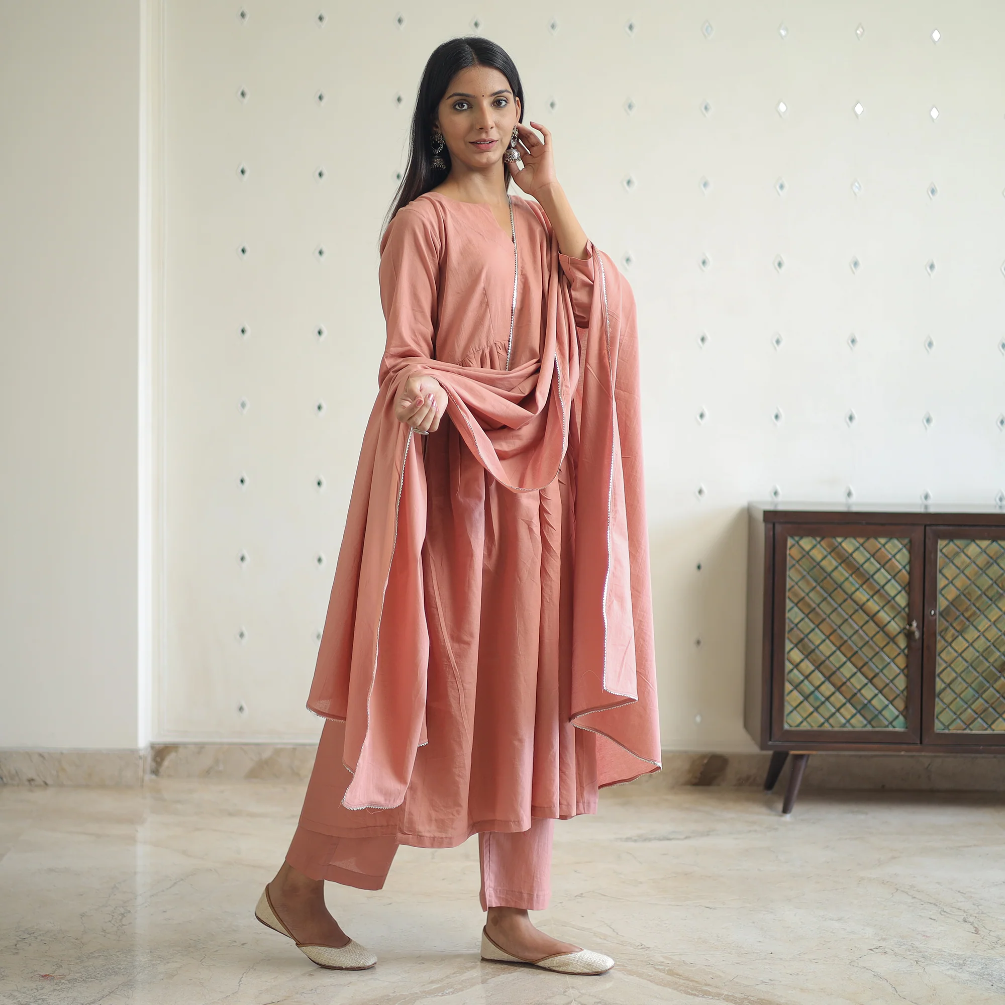 Krisha Peach Cotton Flared Kurta with Palazzo & Dupatta Set - Image 2