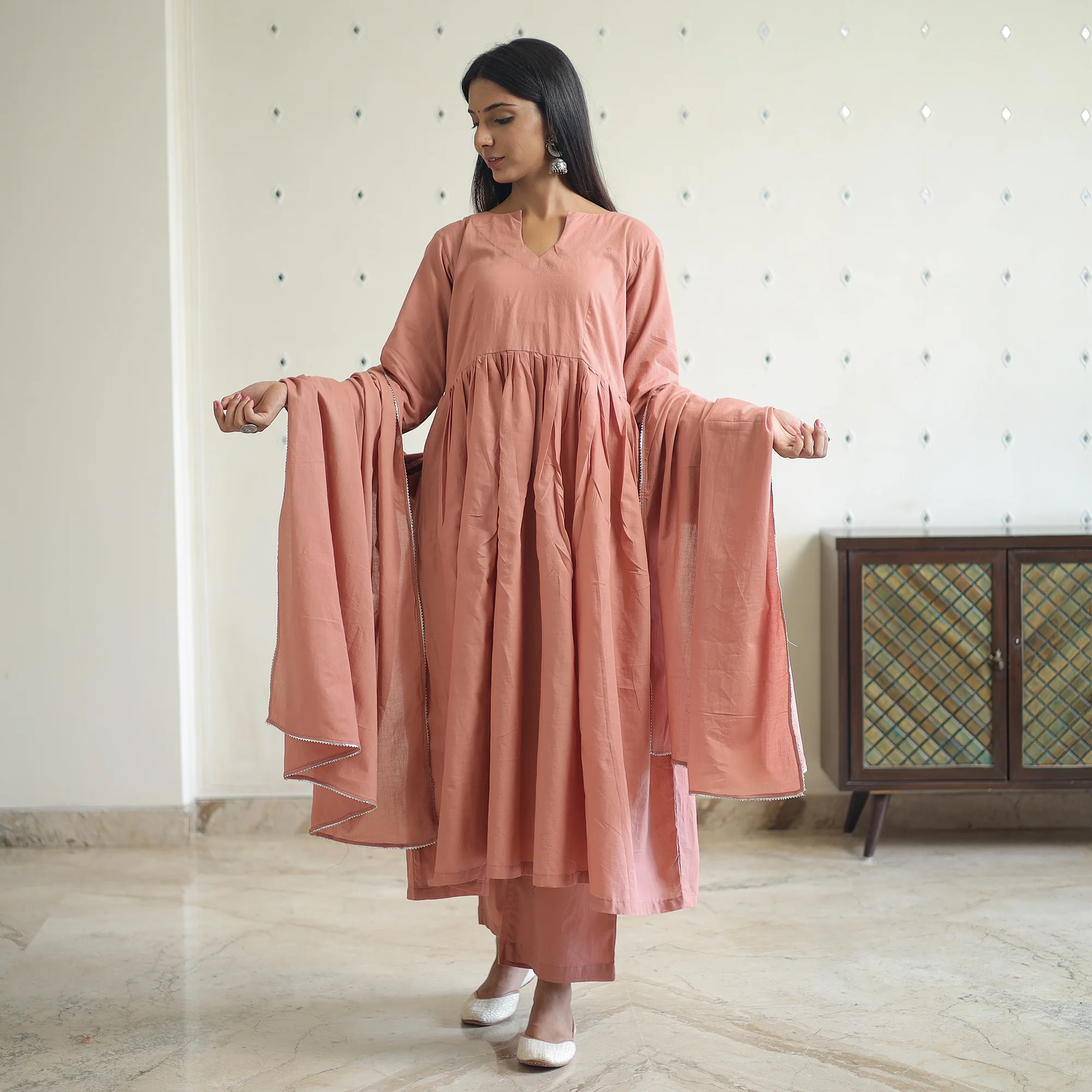 Krisha Peach Cotton Flared Kurta with Palazzo & Dupatta Set - Image 3
