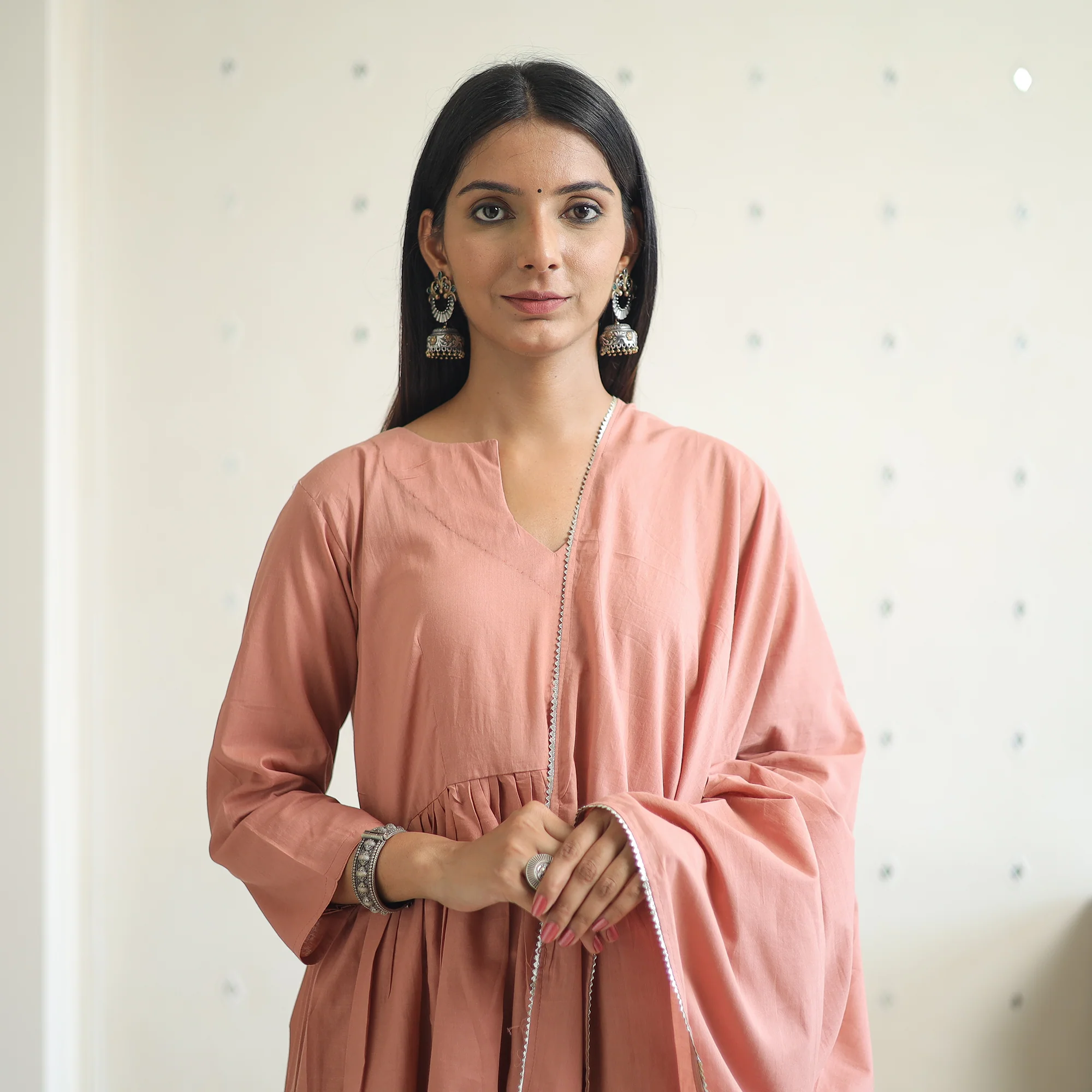 Krisha Peach Cotton Flared Kurta with Palazzo & Dupatta Set - Image 4