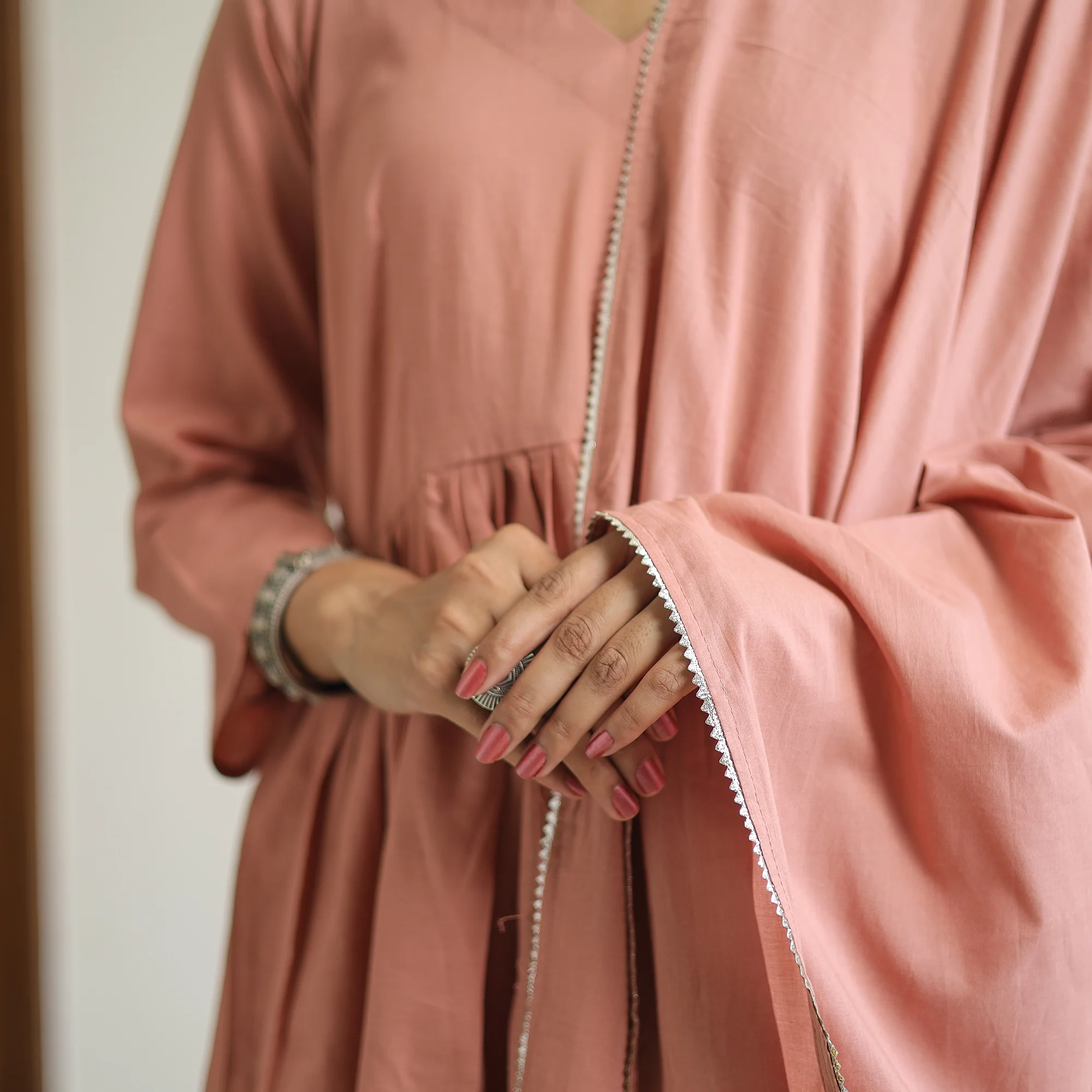 Krisha Peach Cotton Flared Kurta with Palazzo & Dupatta Set - Image 5
