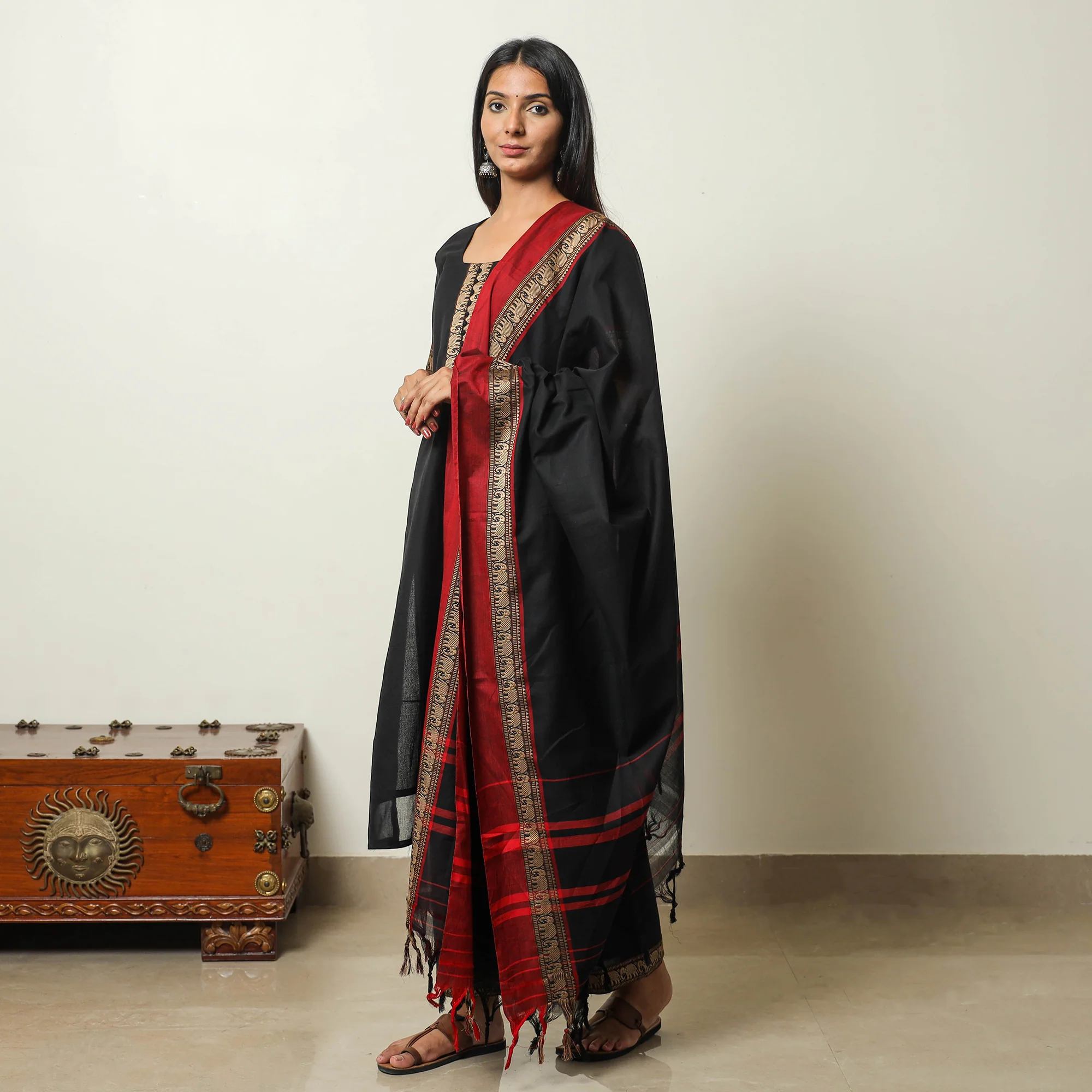 Black - Dharwad Cotton Kurta with Palazzo & Dupatta Set 06 - Image 3