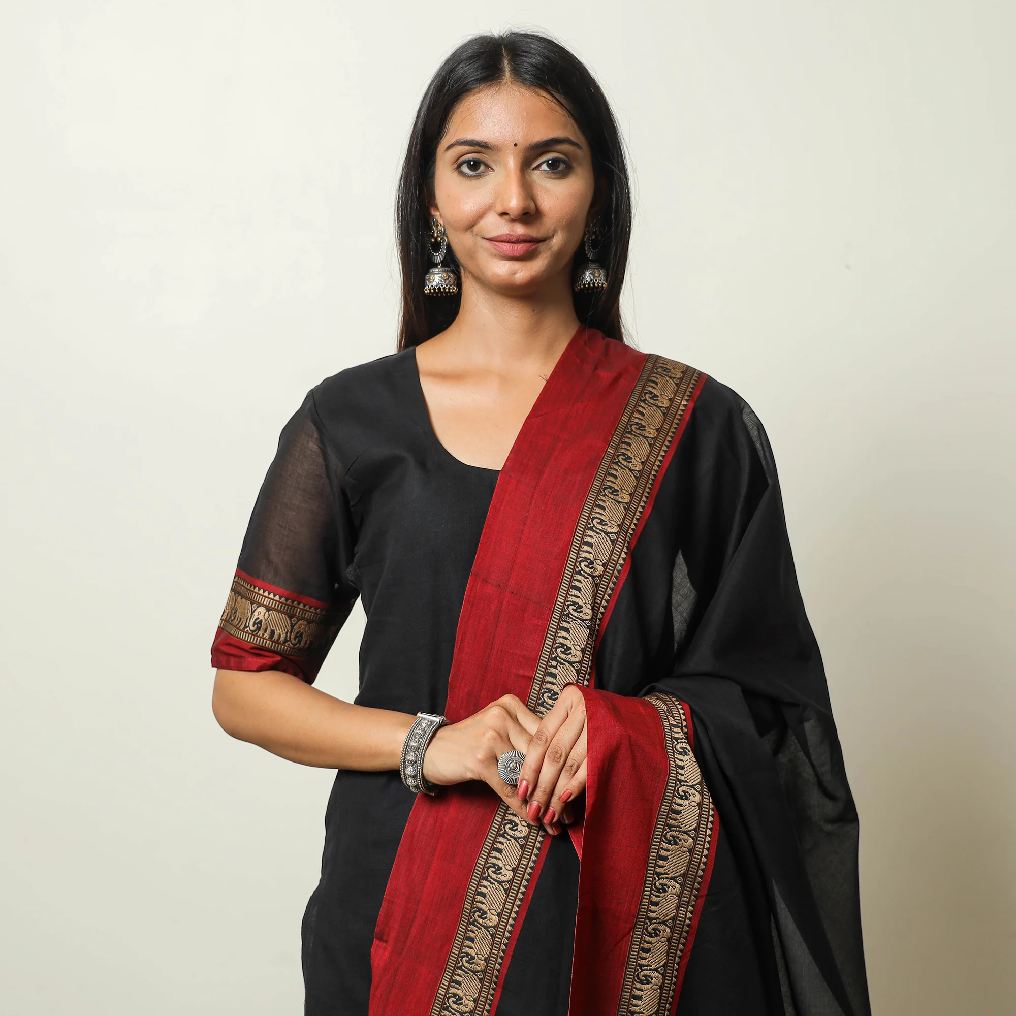 Black - Dharwad Cotton Kurta with Palazzo & Dupatta Set 06 - Image 4