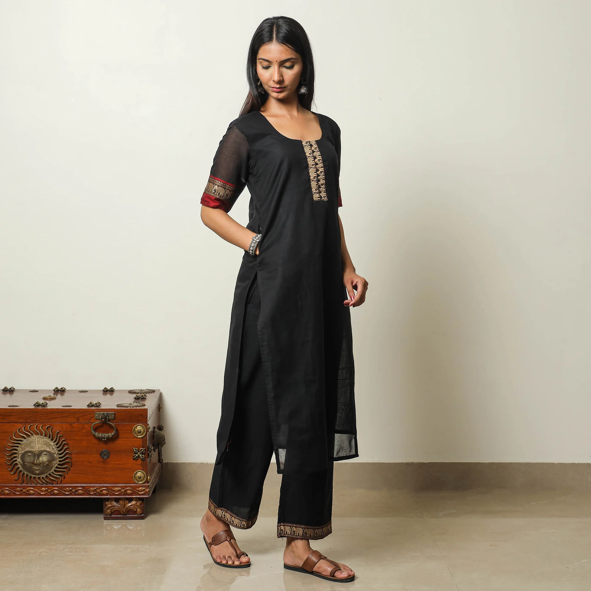 Black - Dharwad Cotton Kurta with Palazzo & Dupatta Set 06 - Image 5