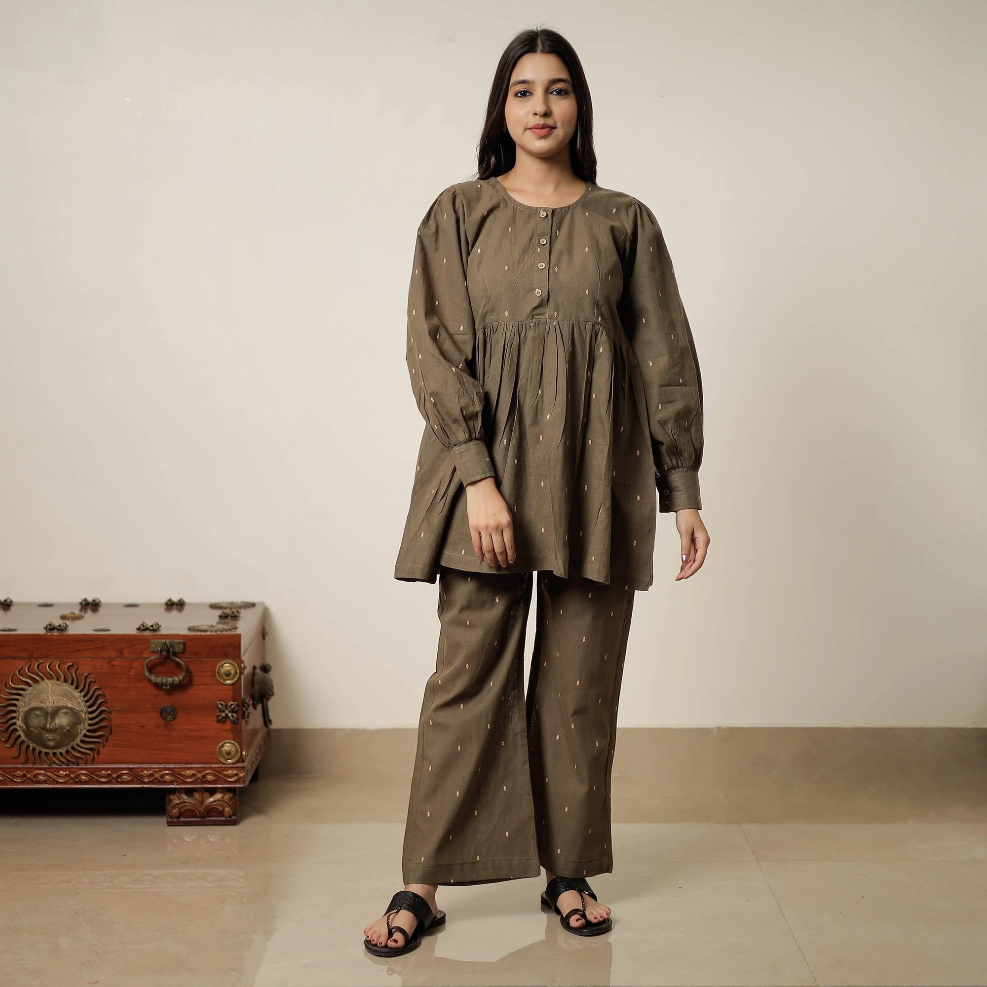 Brown - Jacquard Cotton Co-Ord Set 11 - Image 2