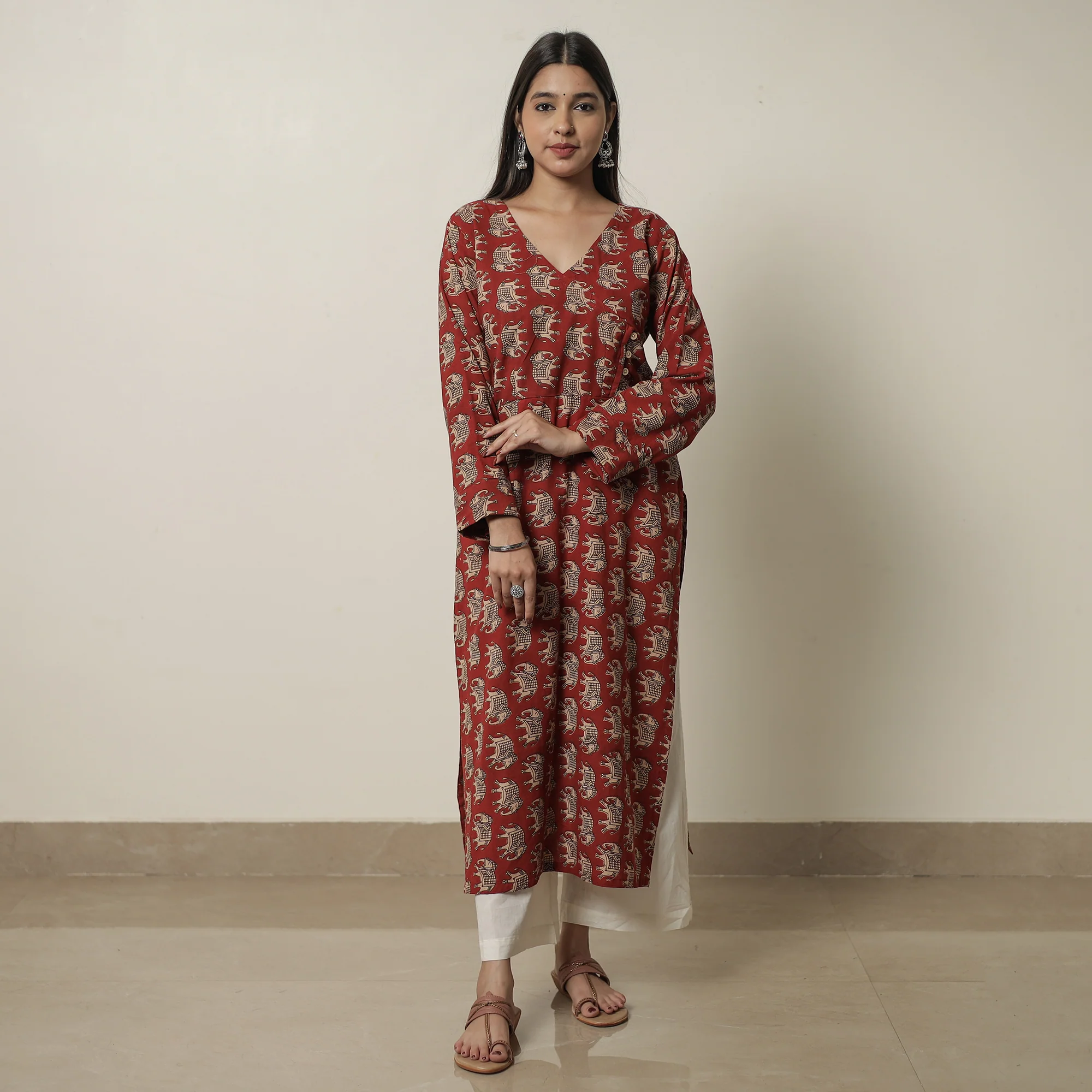 Red - Kalamkari Printed Cotton Straight Kurta 19