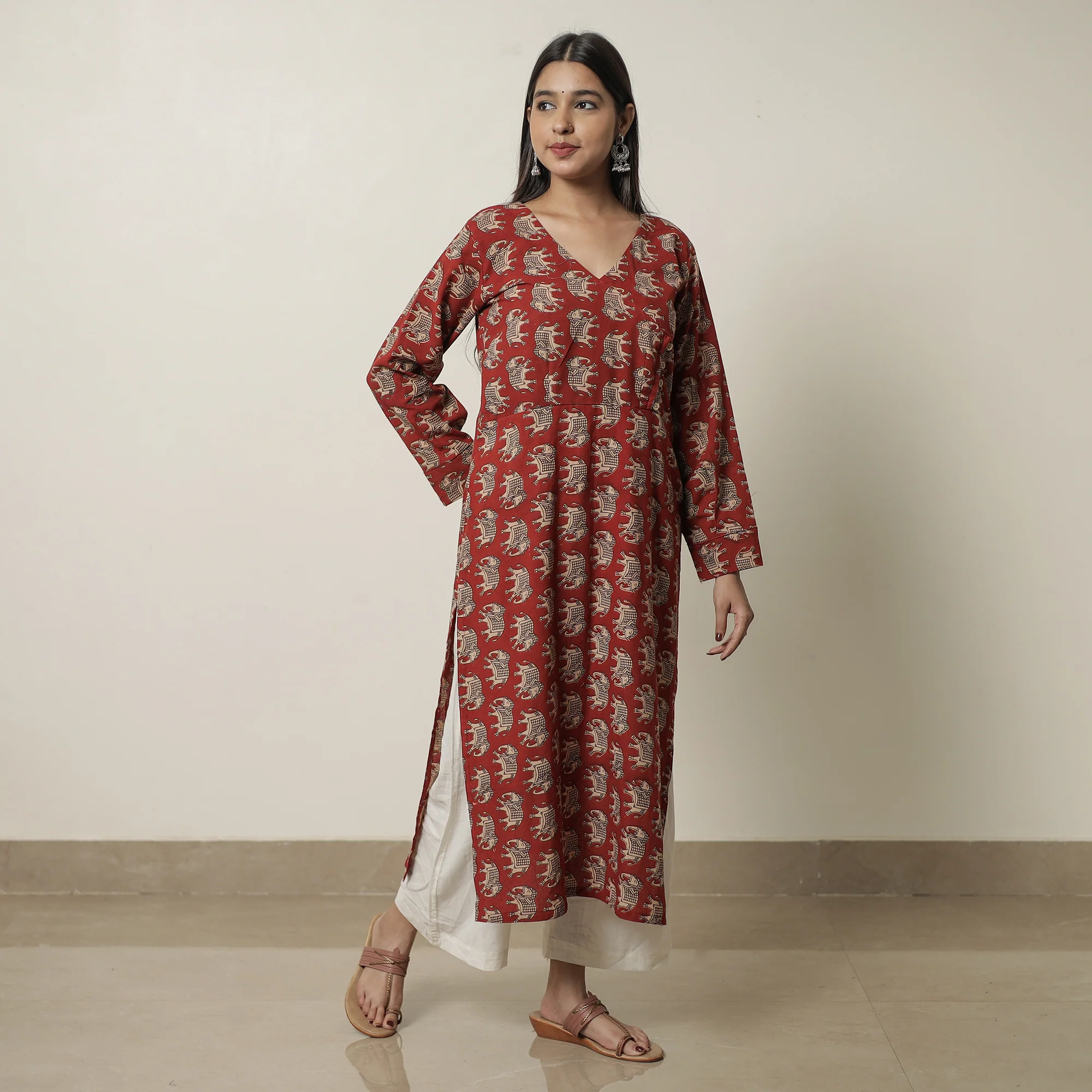 Red - Kalamkari Printed Cotton Straight Kurta 19 - Image 2