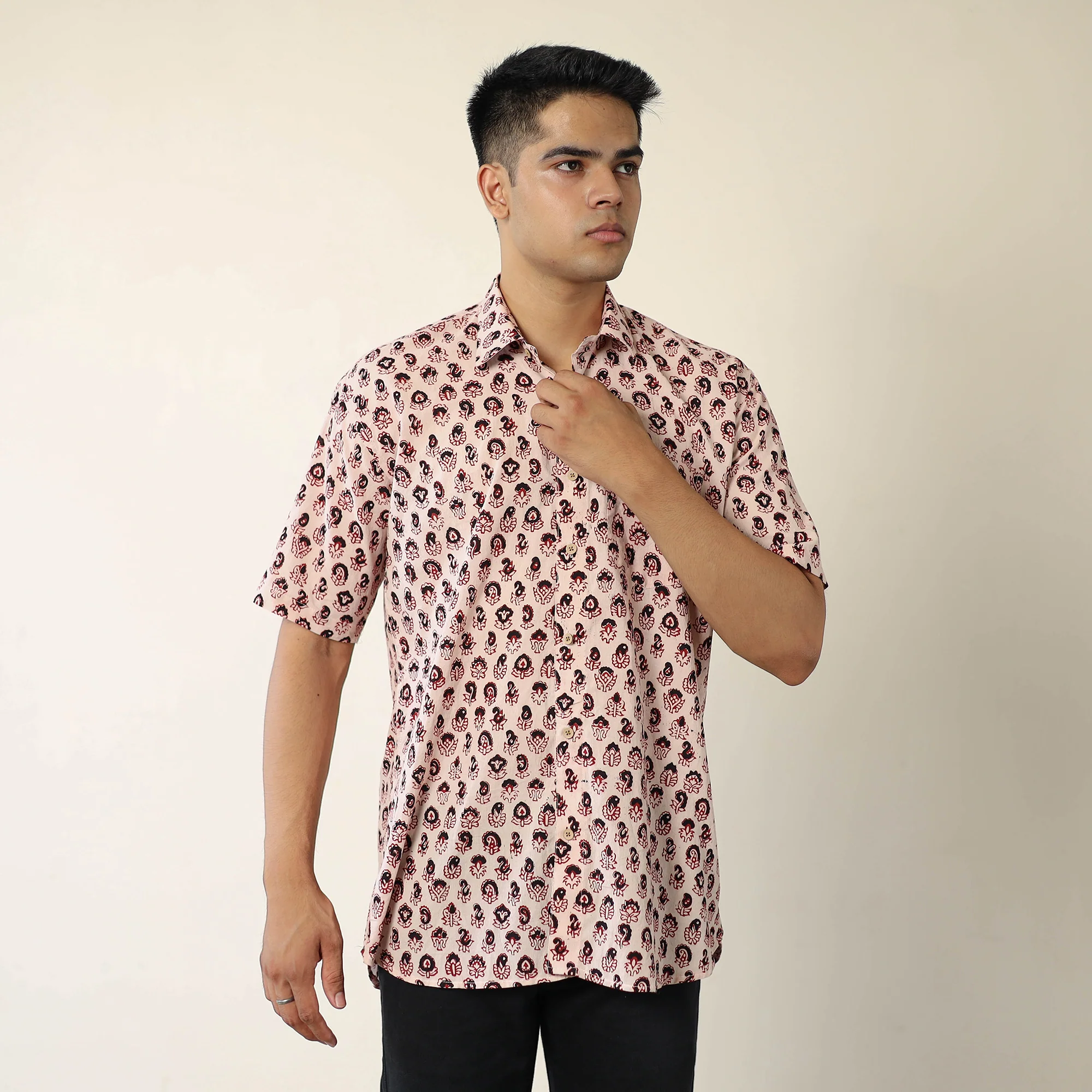 Beige - Bagh Hand Block Printed Cotton Men Half Sleeve Shirt 06