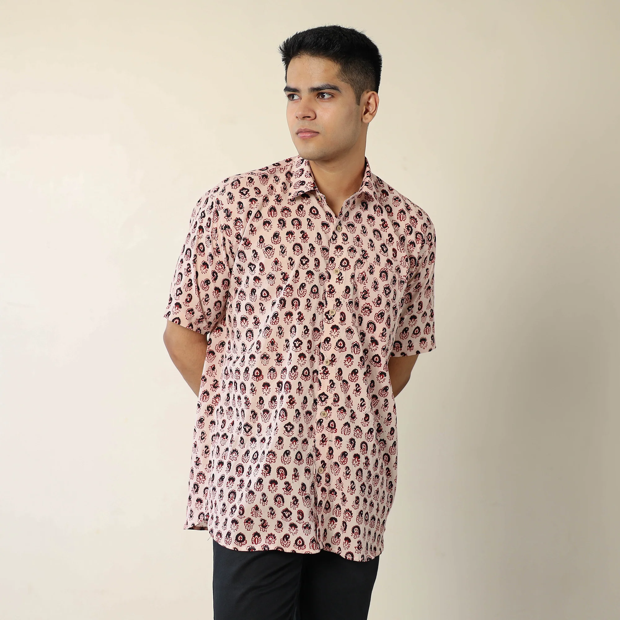 Beige - Bagh Hand Block Printed Cotton Men Half Sleeve Shirt 06 - Image 2