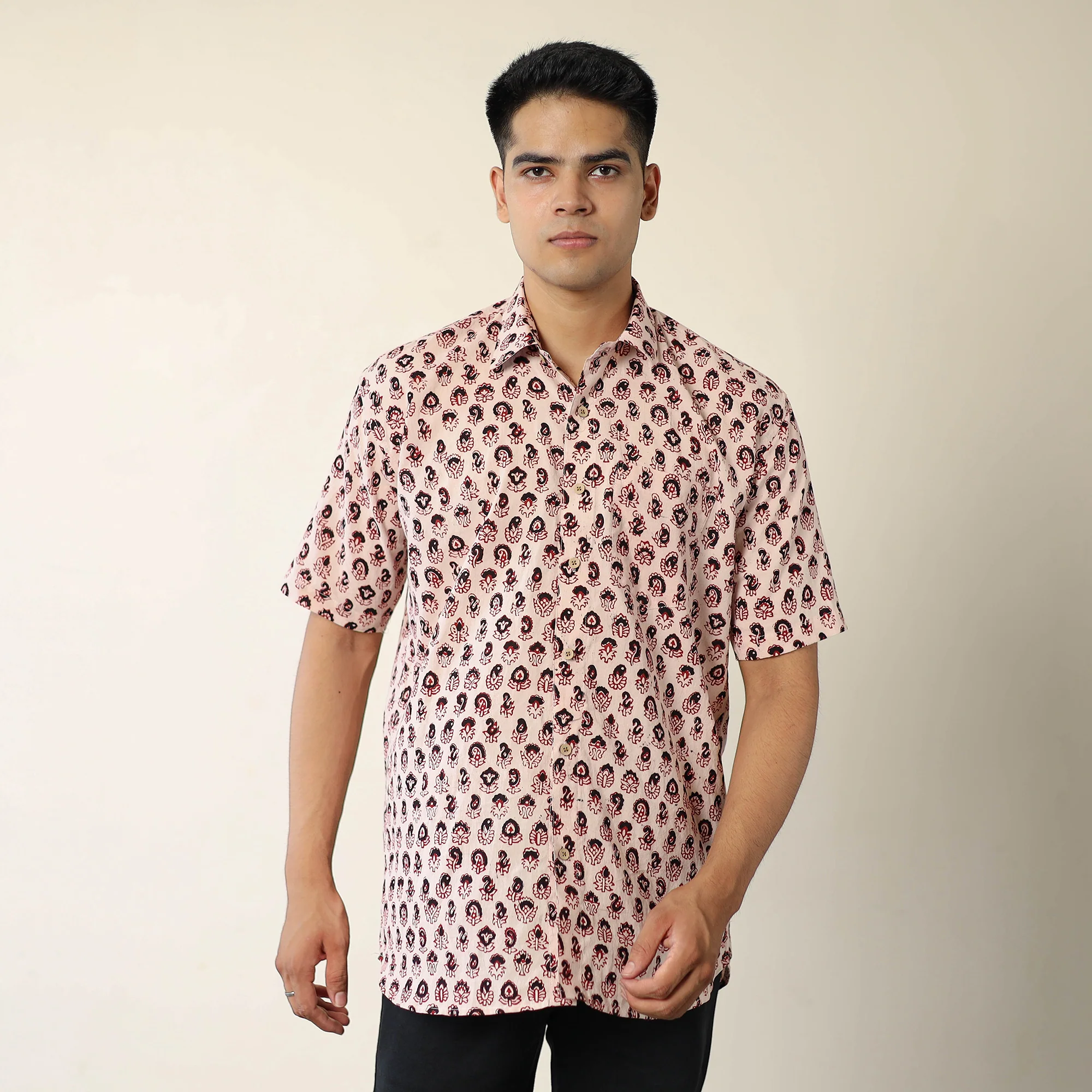 Beige - Bagh Hand Block Printed Cotton Men Half Sleeve Shirt 06 - Image 3