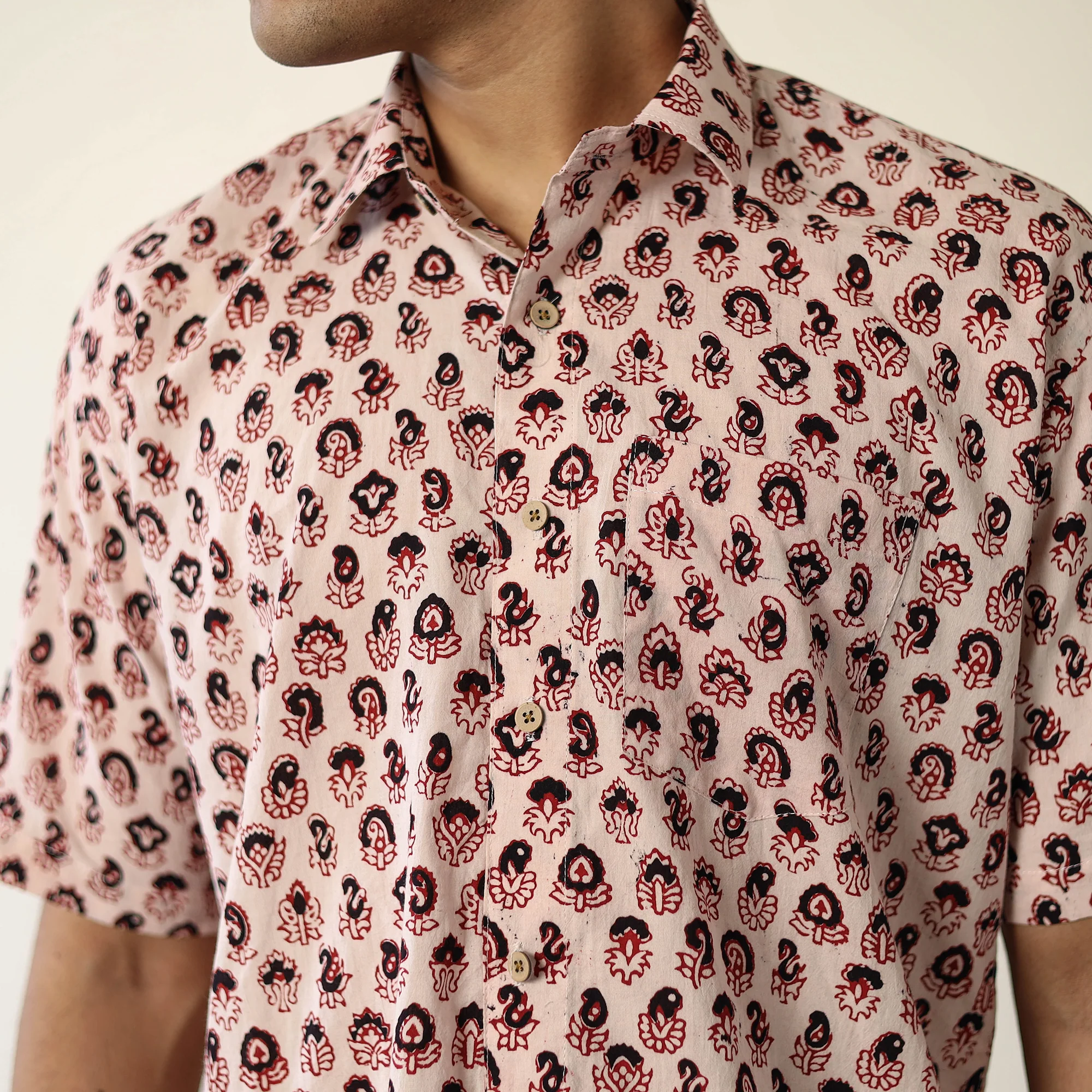 Beige - Bagh Hand Block Printed Cotton Men Half Sleeve Shirt 06 - Image 4
