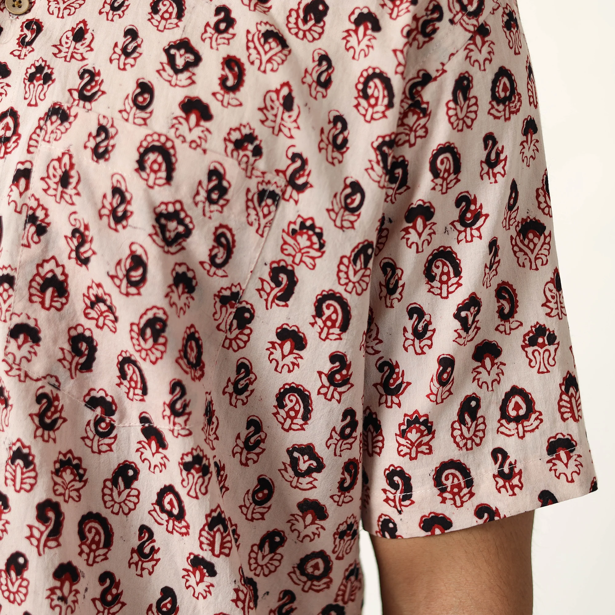 Beige - Bagh Hand Block Printed Cotton Men Half Sleeve Shirt 06 - Image 5