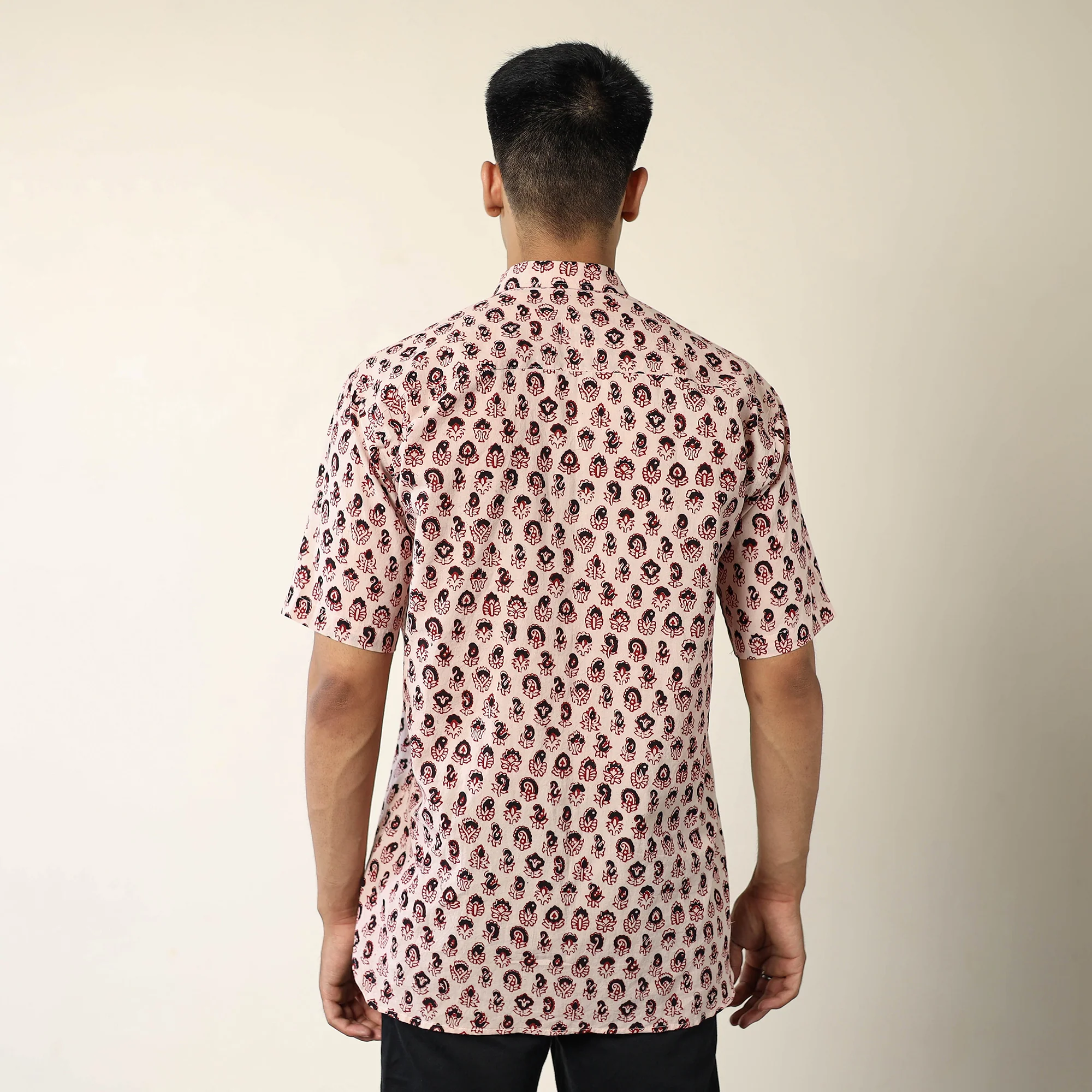 Beige - Bagh Hand Block Printed Cotton Men Half Sleeve Shirt 06 - Image 6
