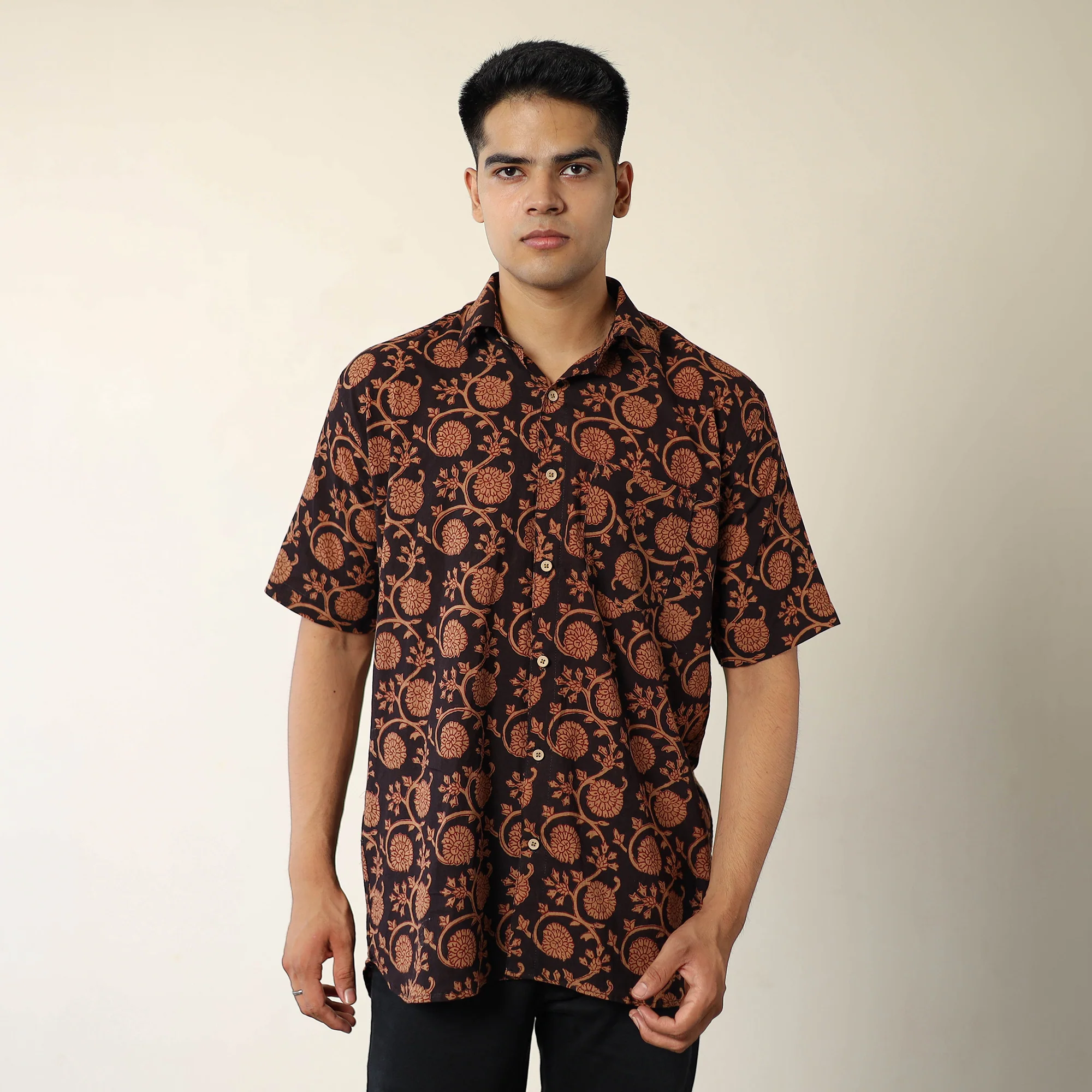 Brown - Bagh Hand Block Printed Cotton Men Half Sleeve Shirt 09 - Image 3