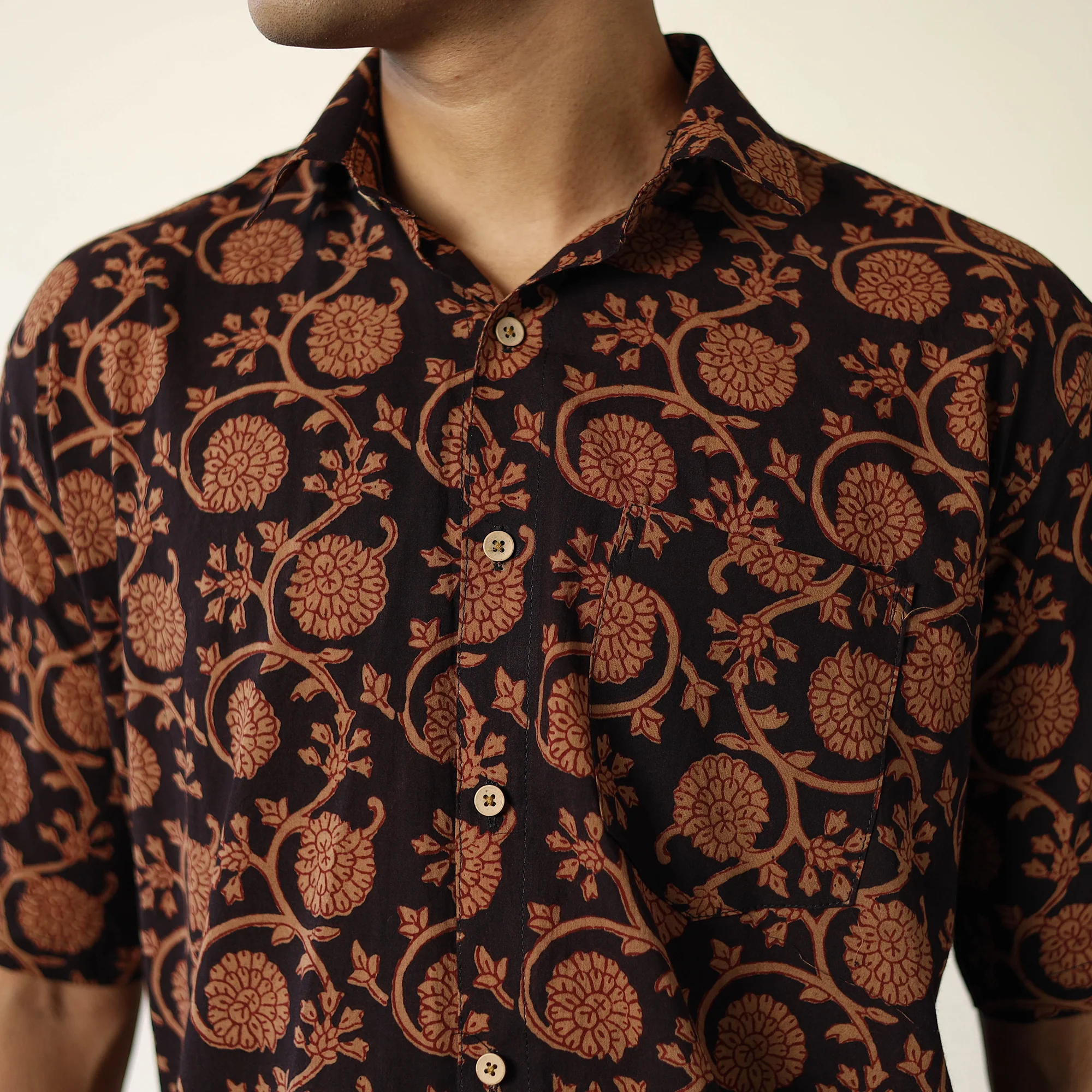 Brown - Bagh Hand Block Printed Cotton Men Half Sleeve Shirt 09 - Image 4