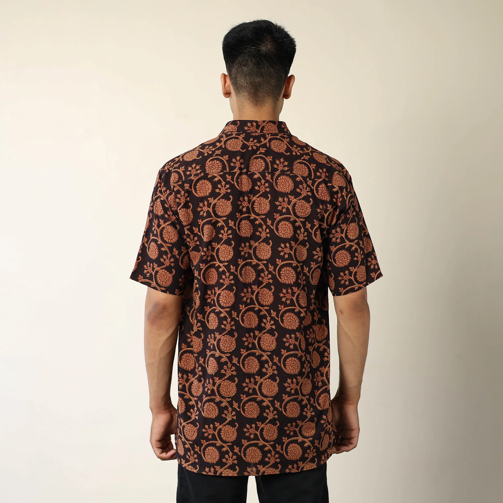 Brown - Bagh Hand Block Printed Cotton Men Half Sleeve Shirt 09 - Image 6
