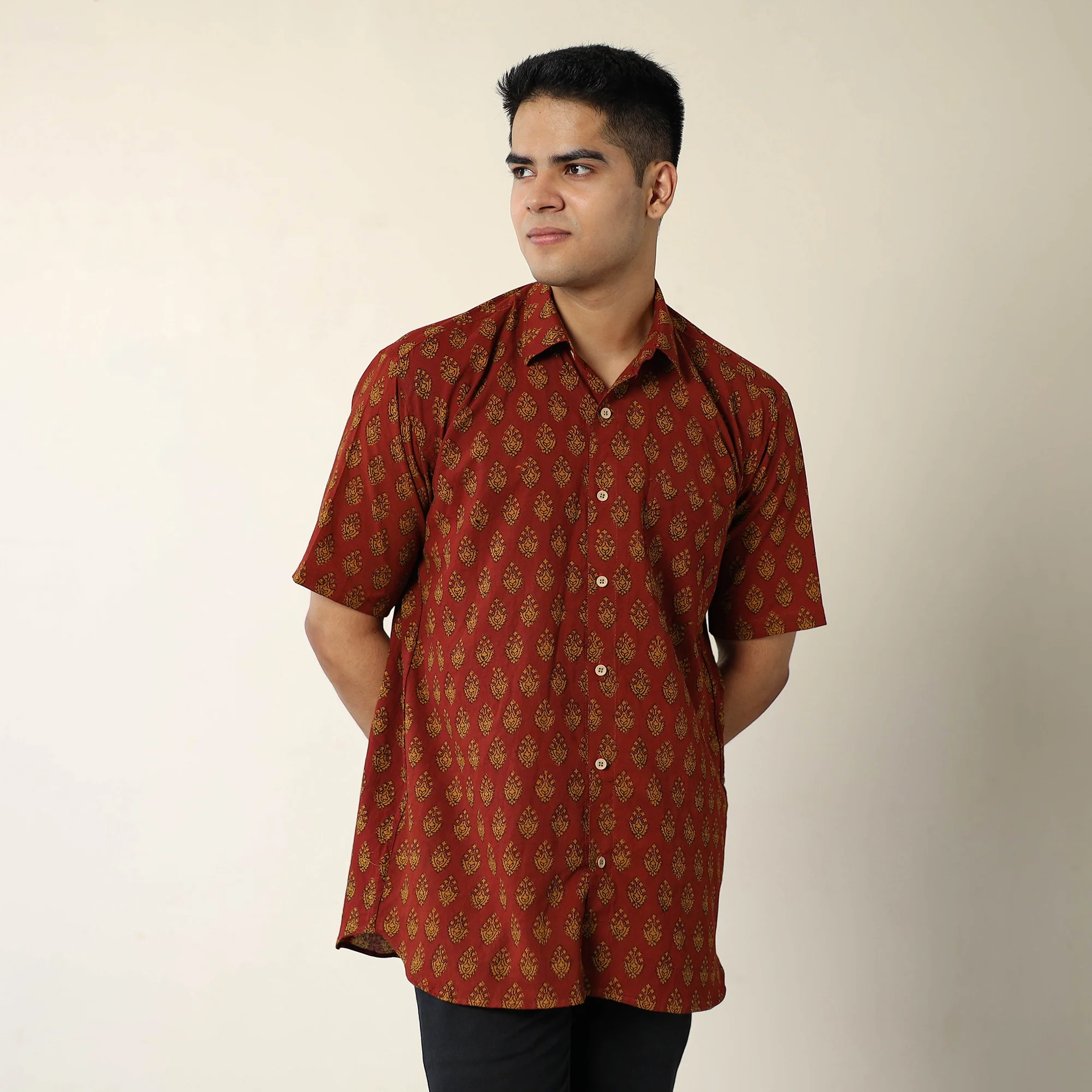 Red - Bagh Hand Block Printed Cotton Men Half Sleeve Shirt 11 - Image 2