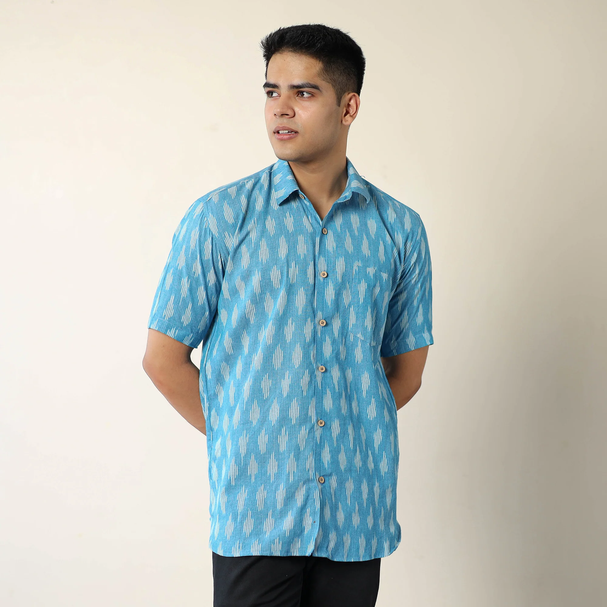 Blue - Pochampally Ikat Weave Cotton Men Half Sleeve Shirt 01 - Image 2