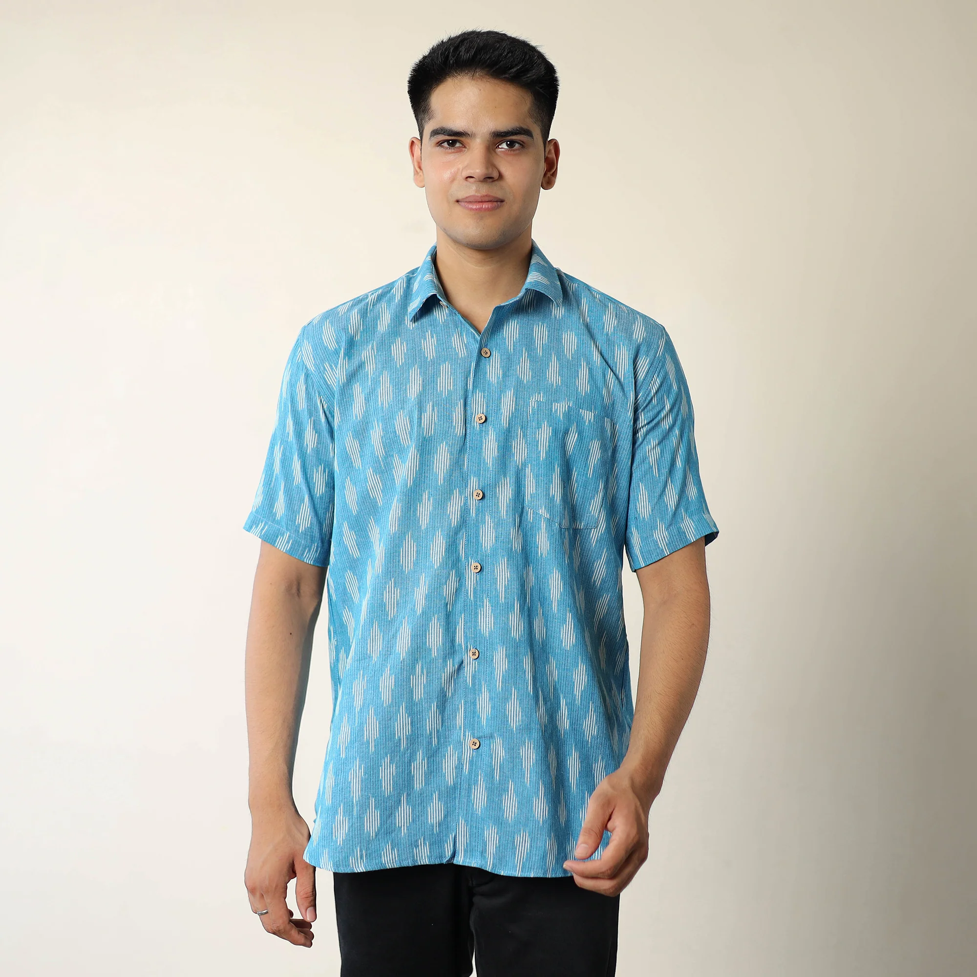 Blue - Pochampally Ikat Weave Cotton Men Half Sleeve Shirt 01 - Image 3