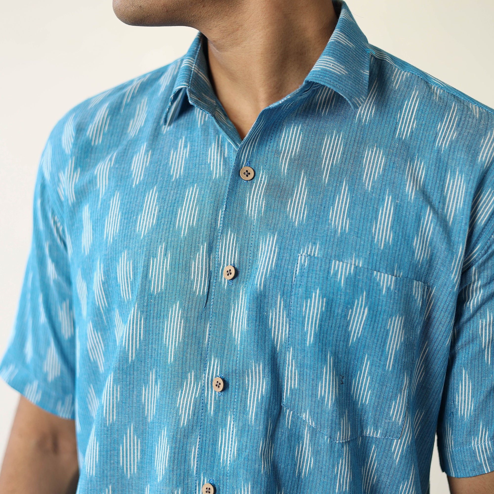 Blue - Pochampally Ikat Weave Cotton Men Half Sleeve Shirt 01 - Image 4
