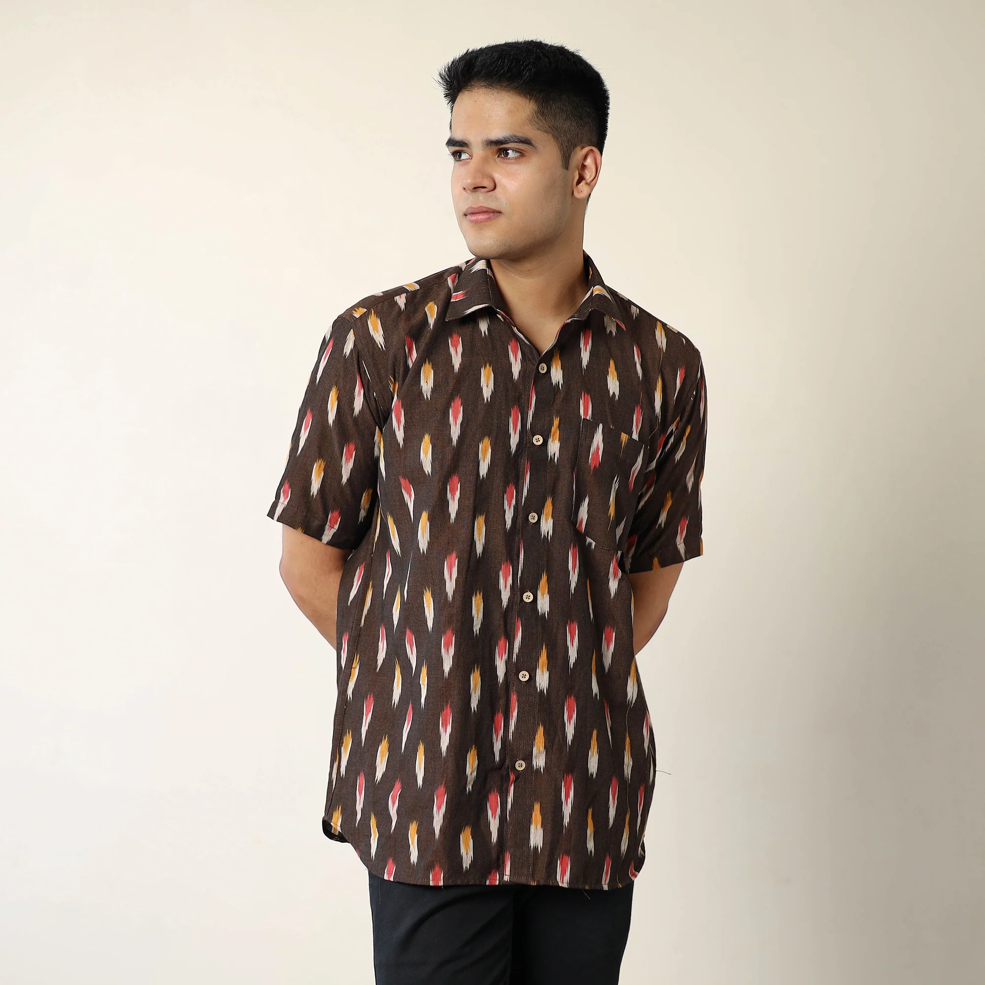Brown - Pochampally Ikat Weave Cotton Men Half Sleeve Shirt 02 - Image 2