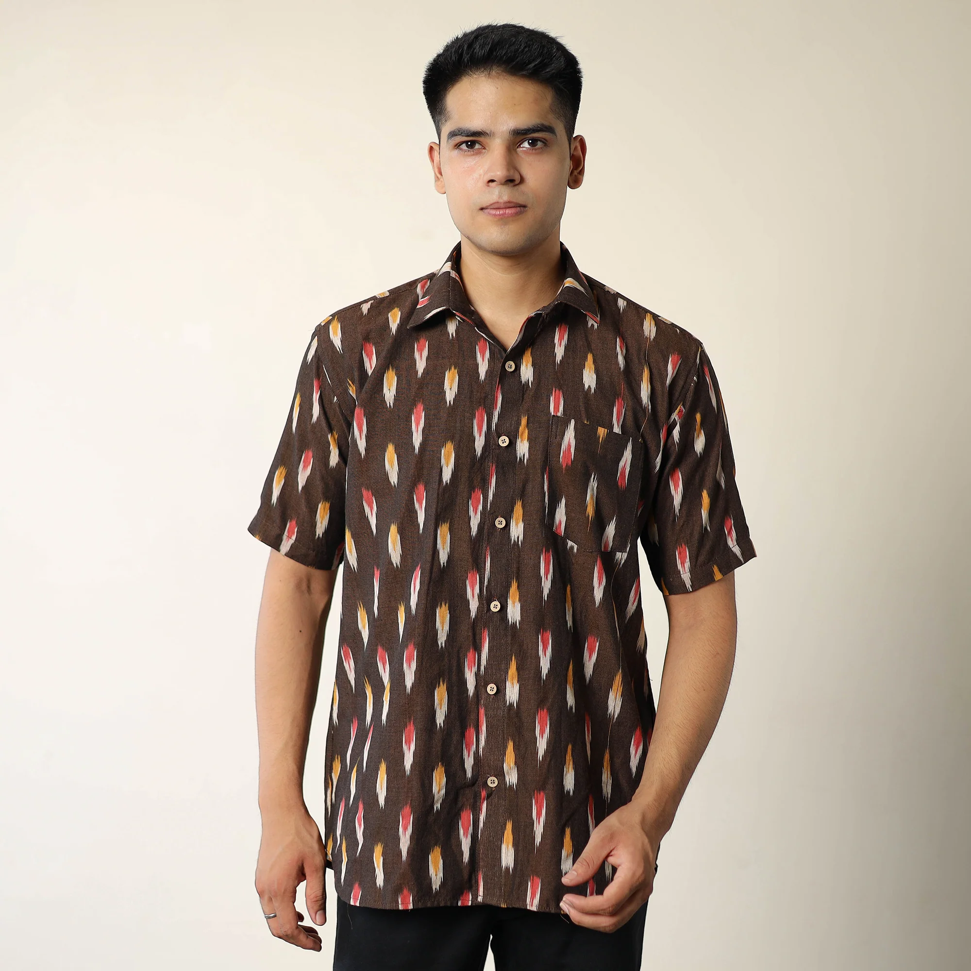 Brown - Pochampally Ikat Weave Cotton Men Half Sleeve Shirt 02 - Image 3