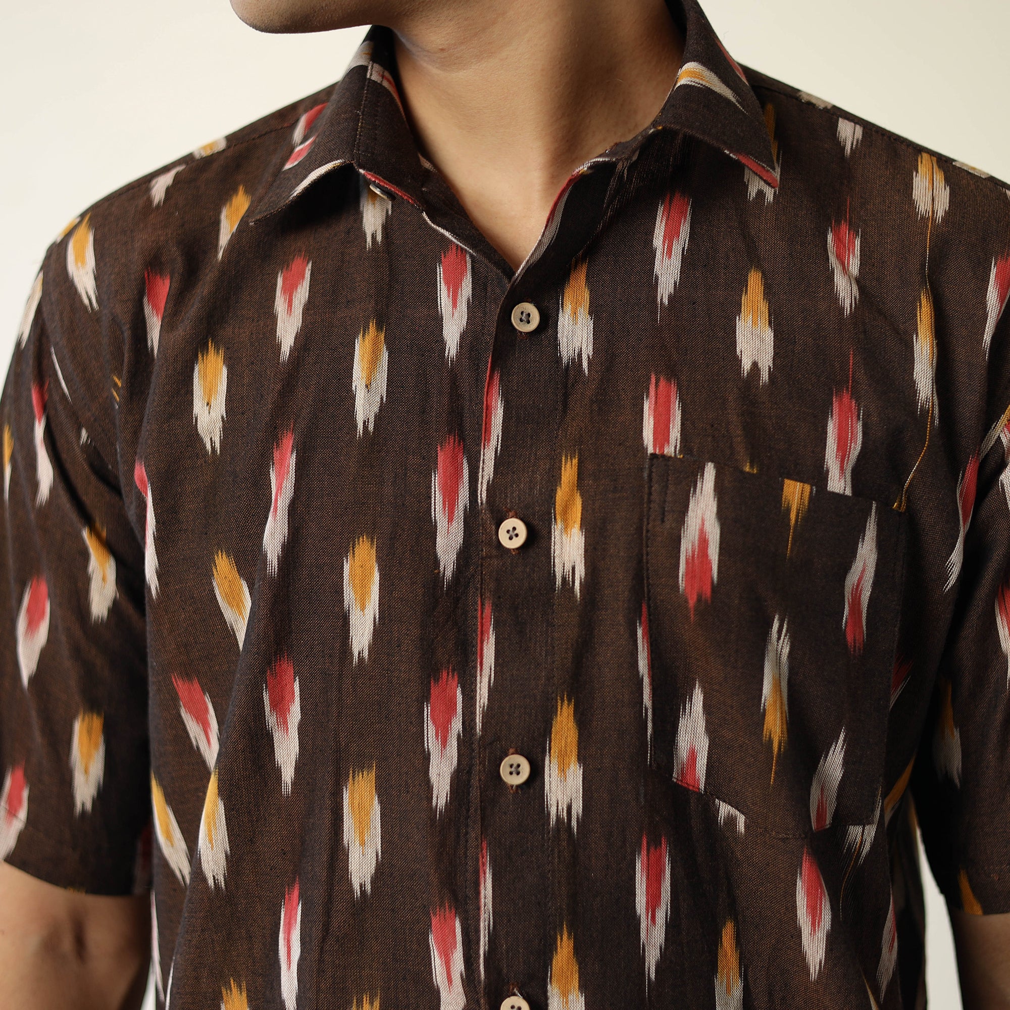 Brown - Pochampally Ikat Weave Cotton Men Half Sleeve Shirt 02 - Image 4