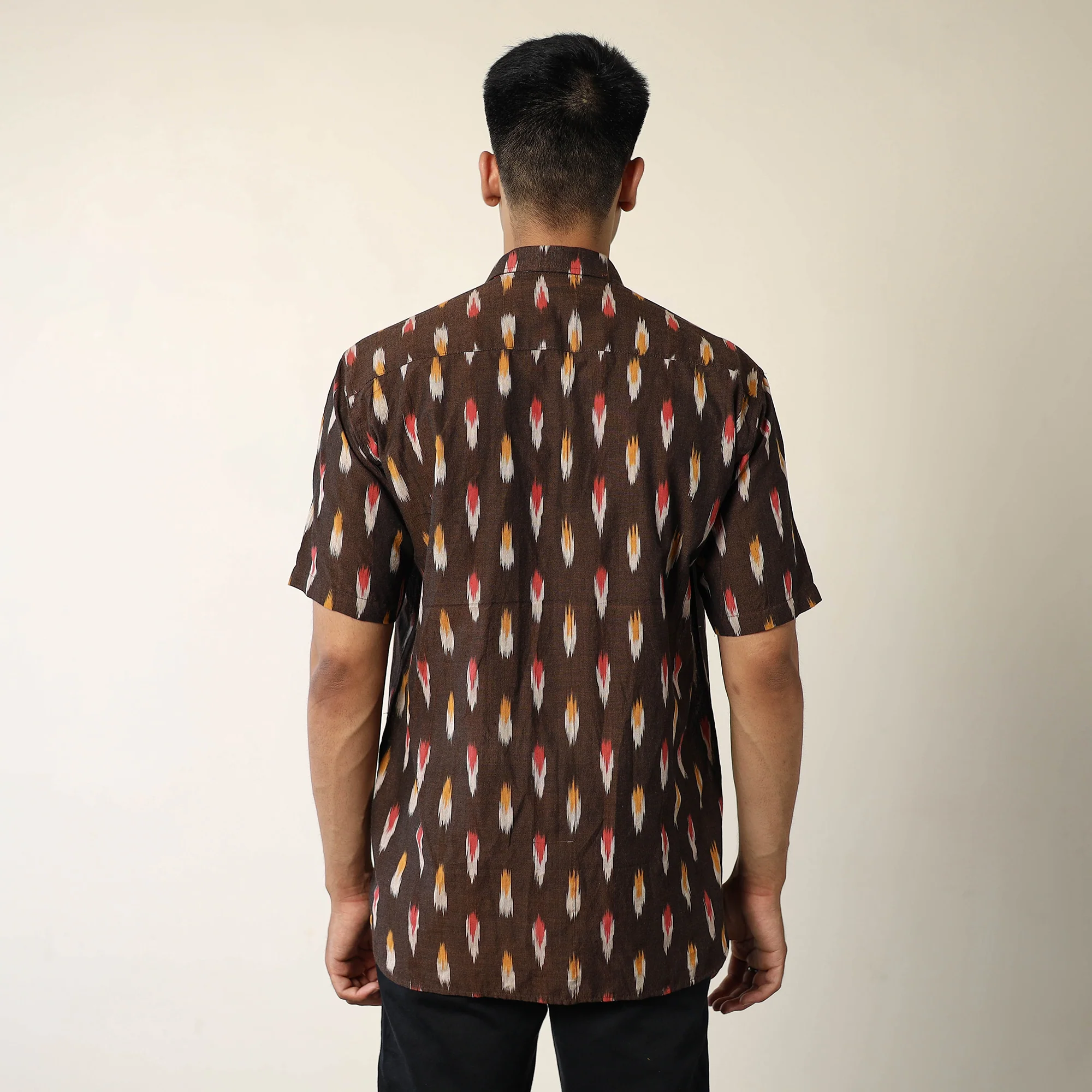 Brown - Pochampally Ikat Weave Cotton Men Half Sleeve Shirt 02 - Image 6