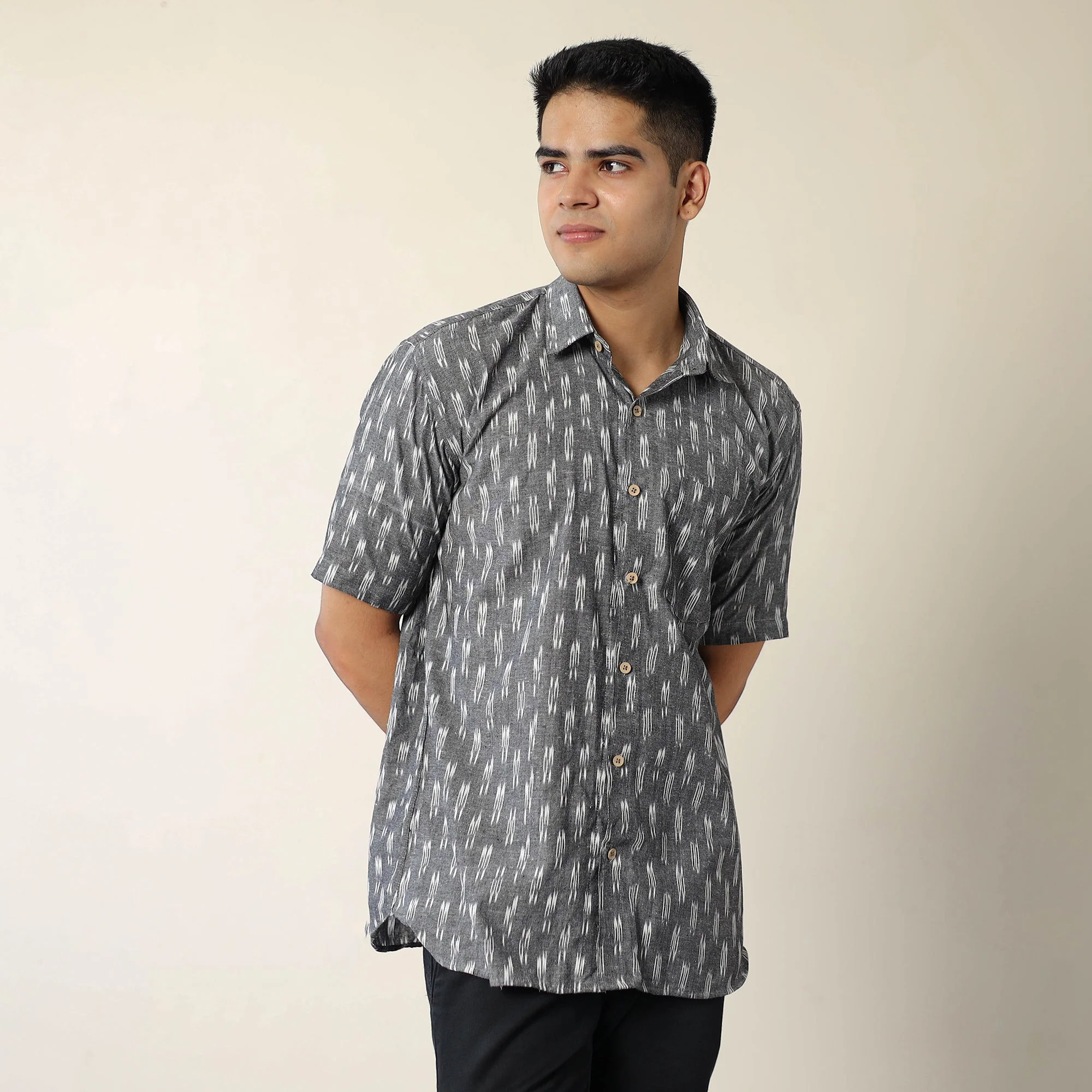 Grey - Pochampally Ikat Weave Cotton Men Half Sleeve Shirt 06 - Image 2