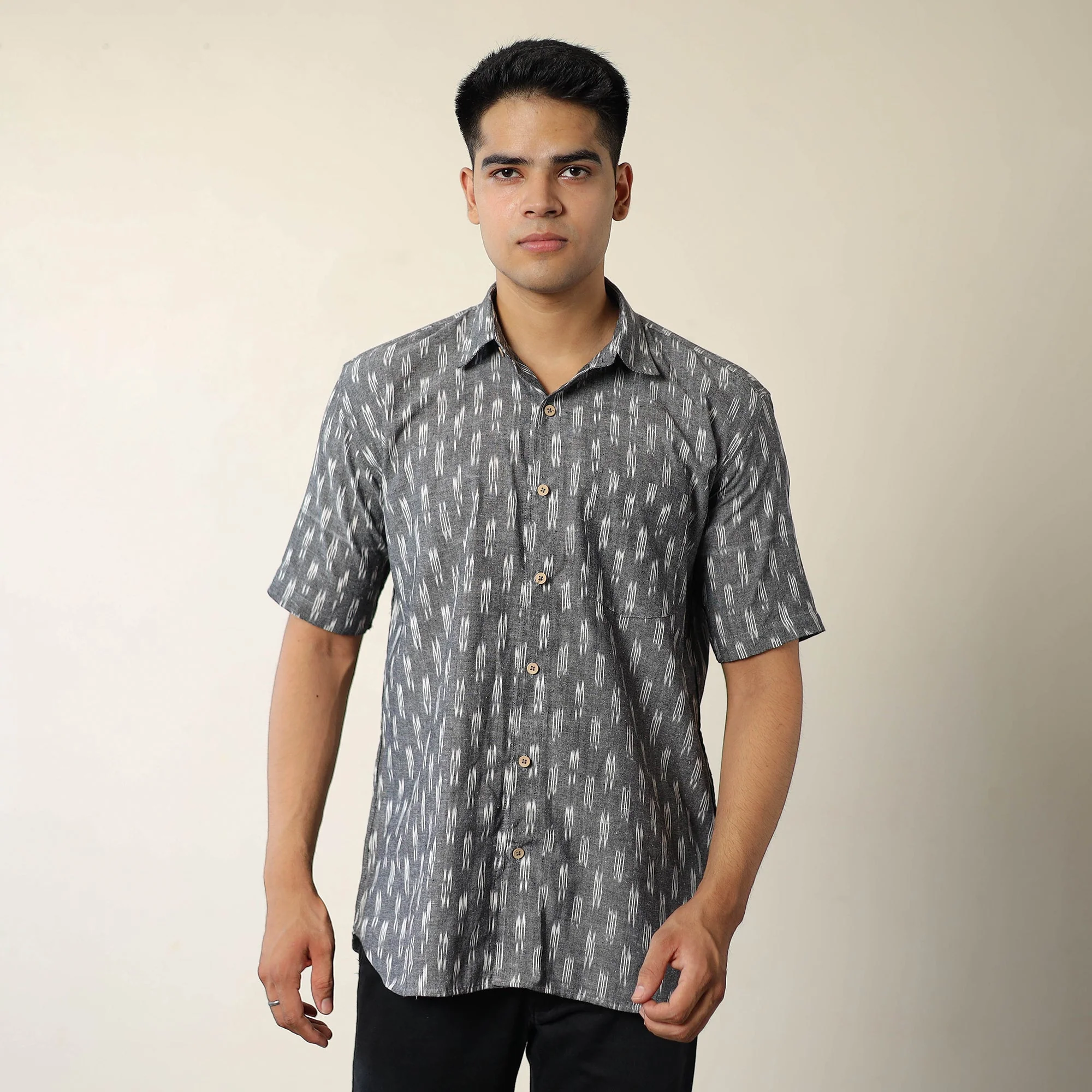 Grey - Pochampally Ikat Weave Cotton Men Half Sleeve Shirt 06 - Image 3