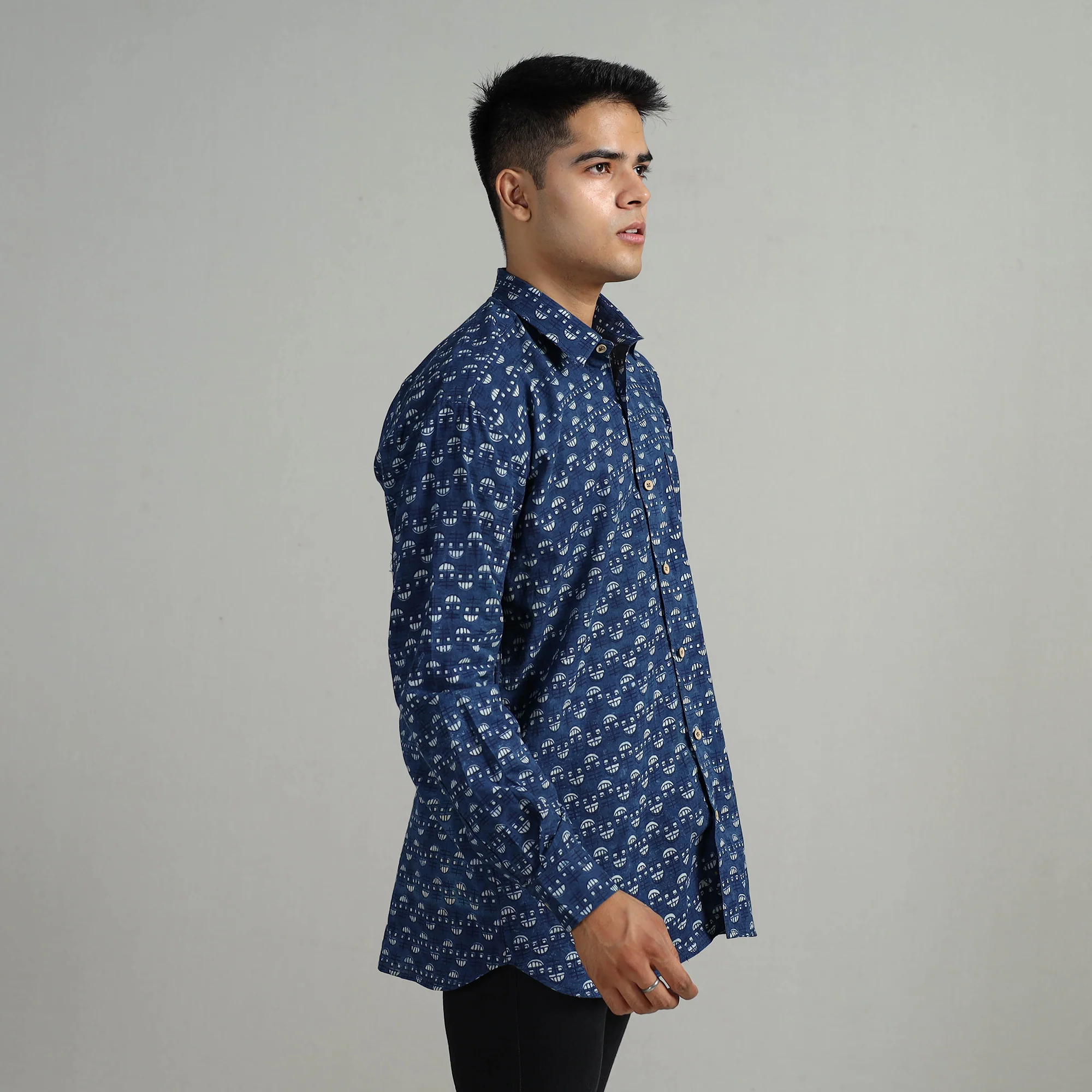 Blue - Indigo Block Printed Cotton Men Full Sleeve Shirt 13 - Image 3
