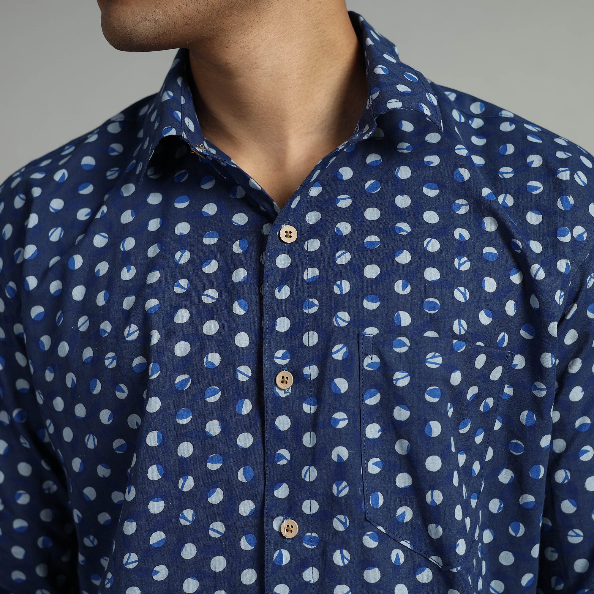 Blue - Indigo Block Printed Cotton Men Full Sleeve Shirt 15 - Image 4