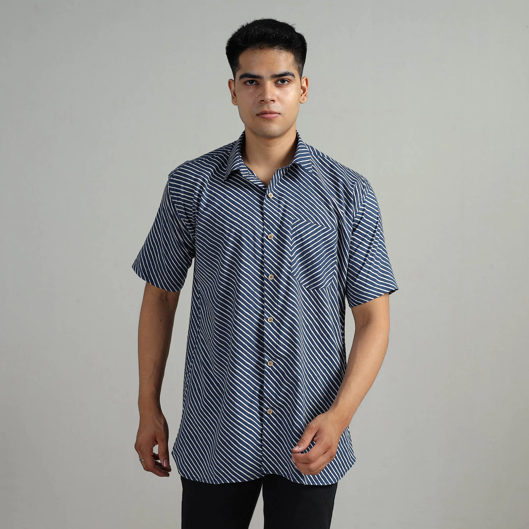 Blue - Indigo Block Printed Cotton Men Half Sleeve Shirt 04 - Image 2