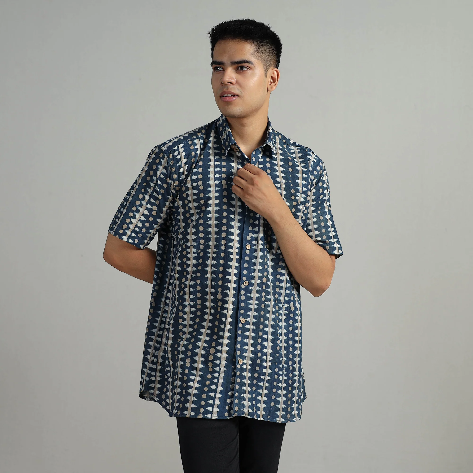 Blue - Indigo Block Printed Cotton Men Half Sleeve Shirt 07 - Image 2