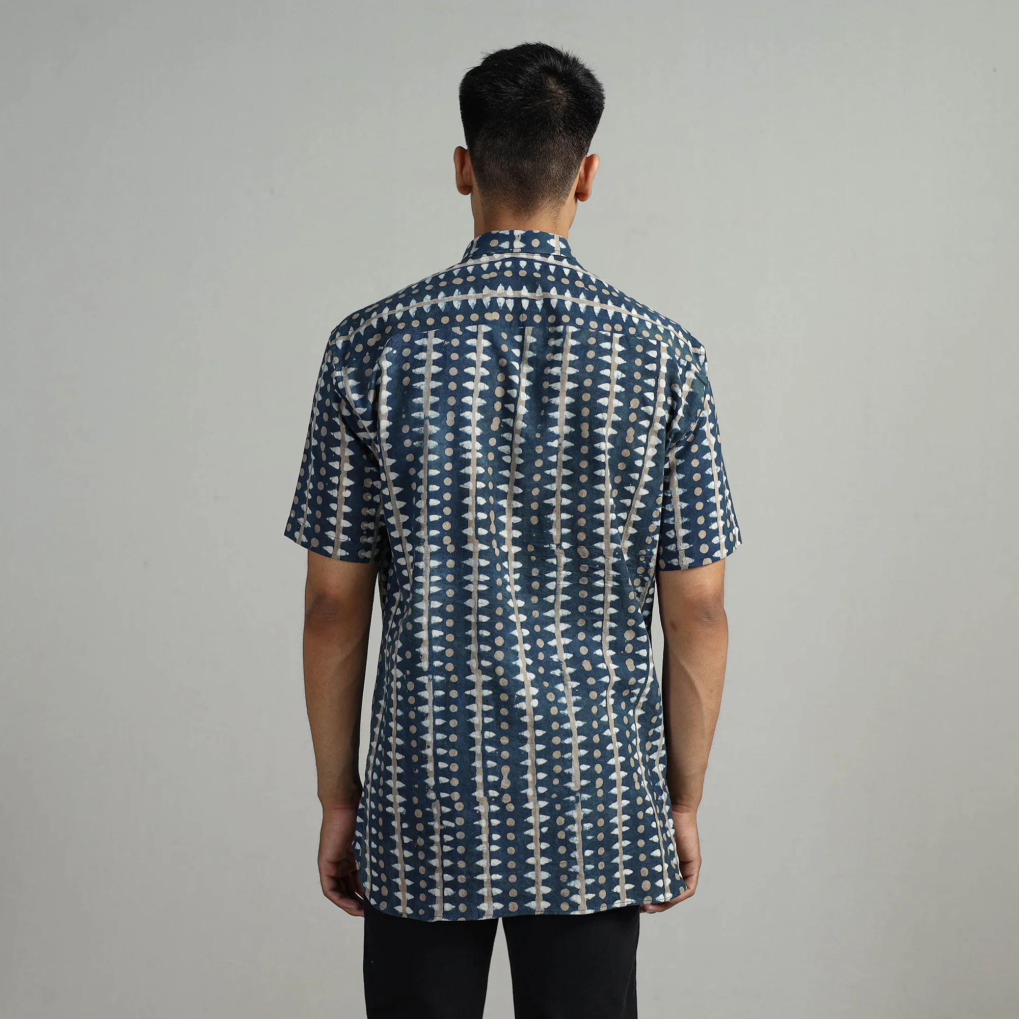 Blue - Indigo Block Printed Cotton Men Half Sleeve Shirt 07 - Image 6