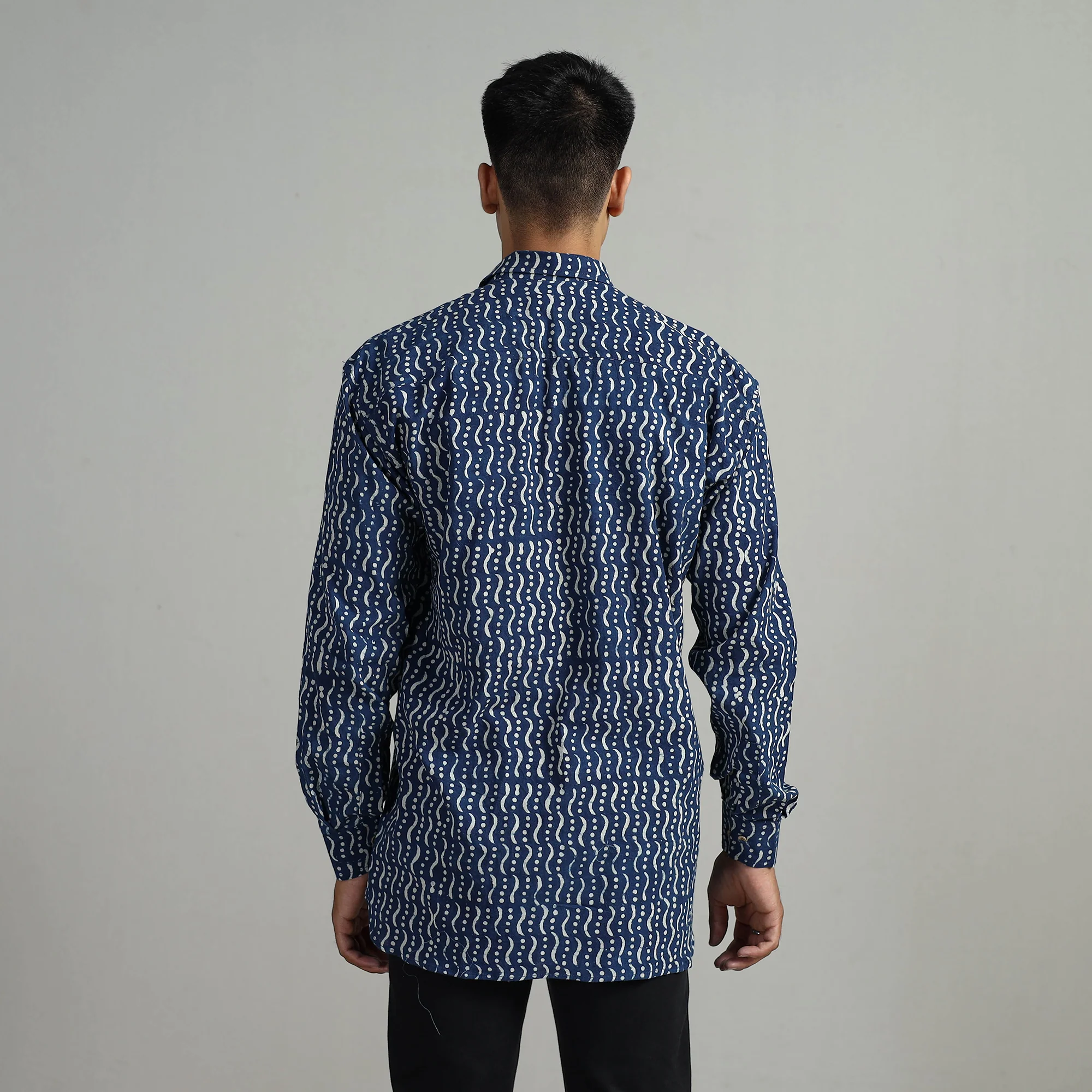 Blue - Indigo Block Printed Cotton Men Full Sleeve Shirt 11 - Image 6