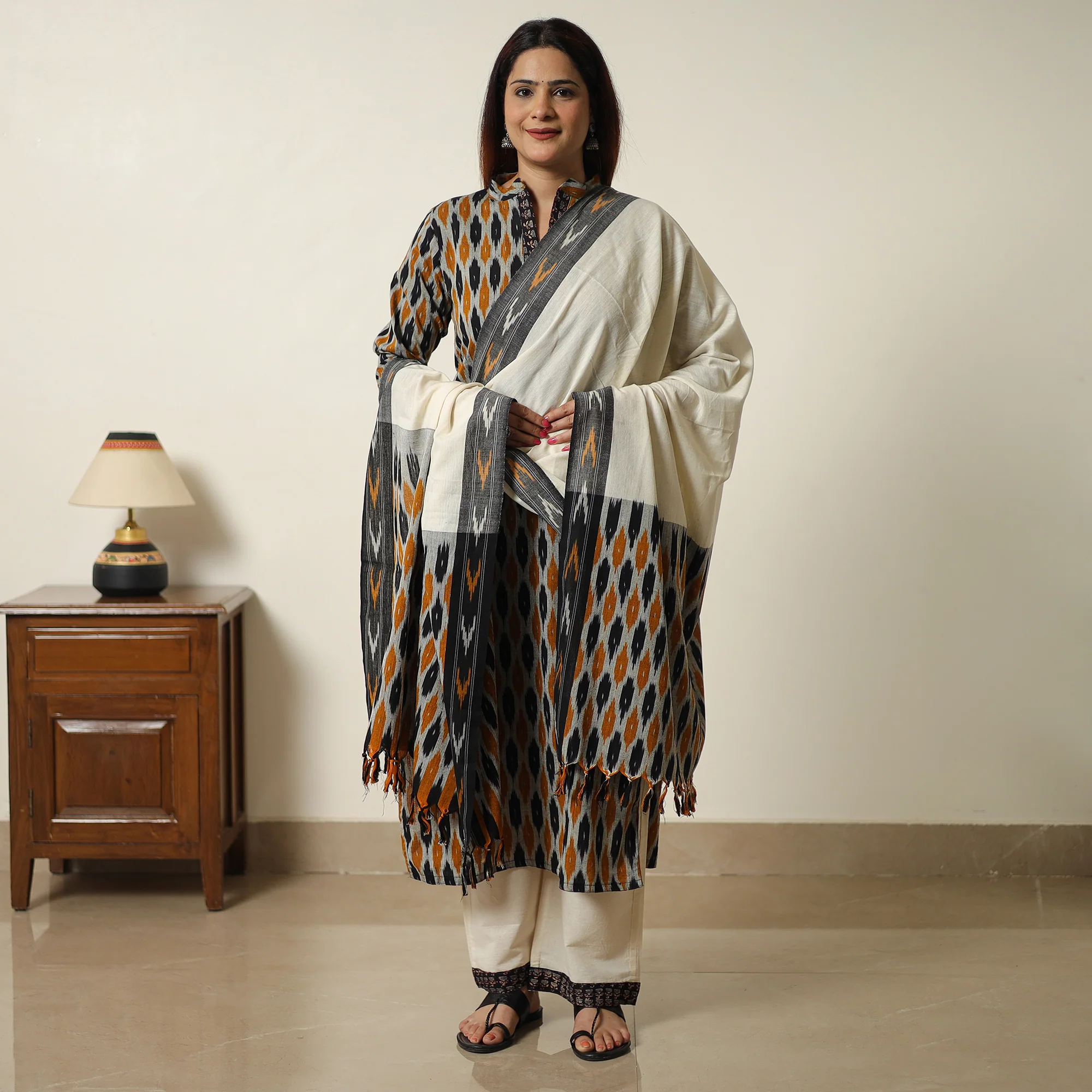 Multicolor - Pochampally Ikat Weave Cotton Kurta with Palazzo & Dupatta Set 06 - Image 2