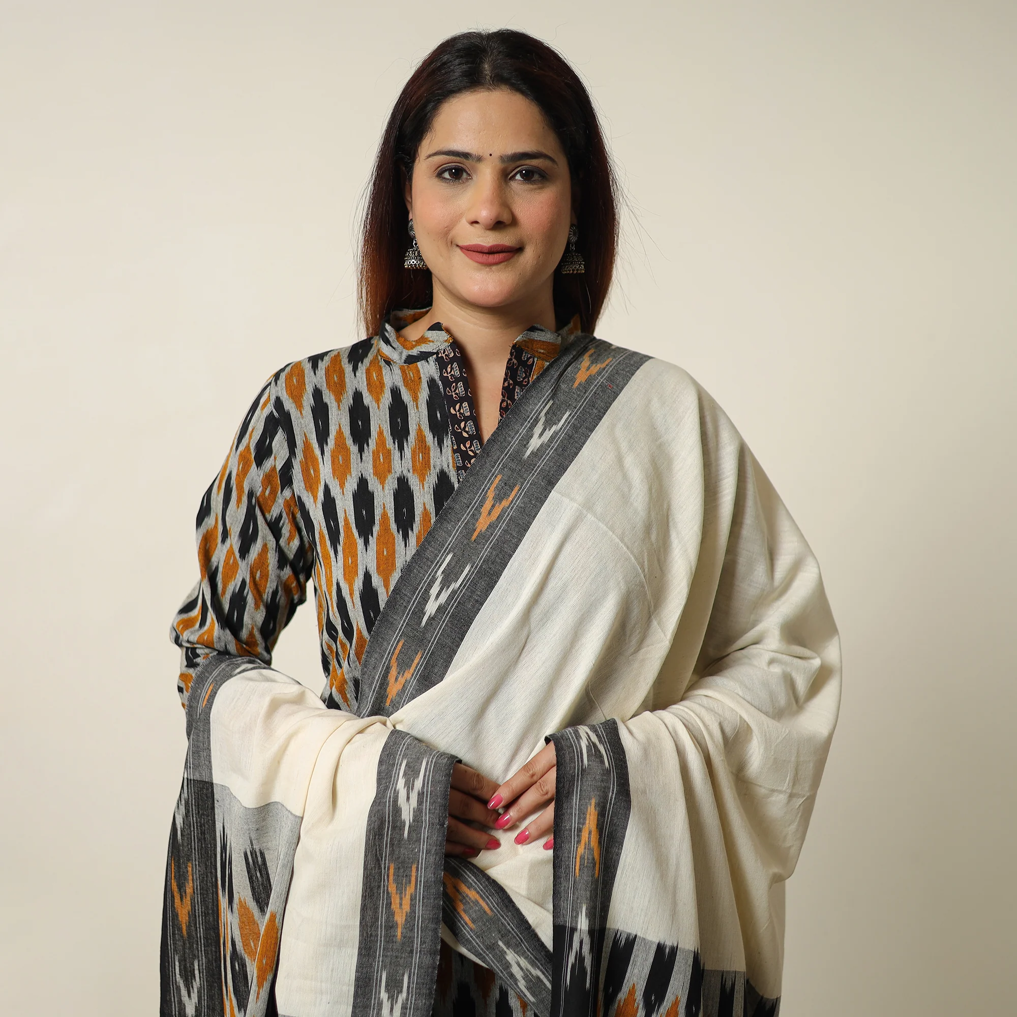 Multicolor - Pochampally Ikat Weave Cotton Kurta with Palazzo & Dupatta Set 06 - Image 3