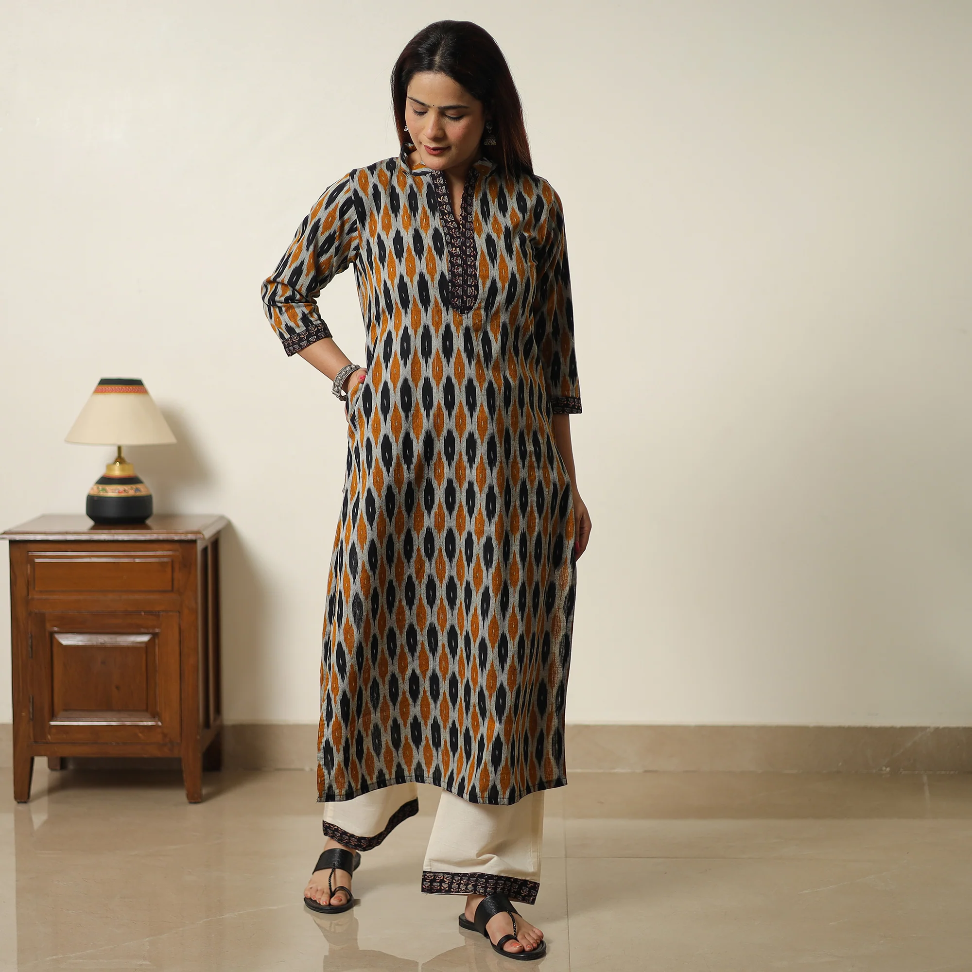 Multicolor - Pochampally Ikat Weave Cotton Kurta with Palazzo & Dupatta Set 06 - Image 4