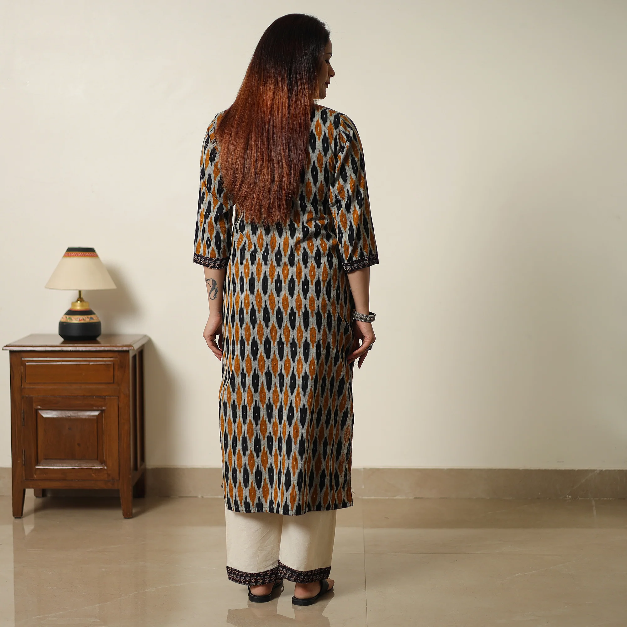 Multicolor - Pochampally Ikat Weave Cotton Kurta with Palazzo & Dupatta Set 06 - Image 8
