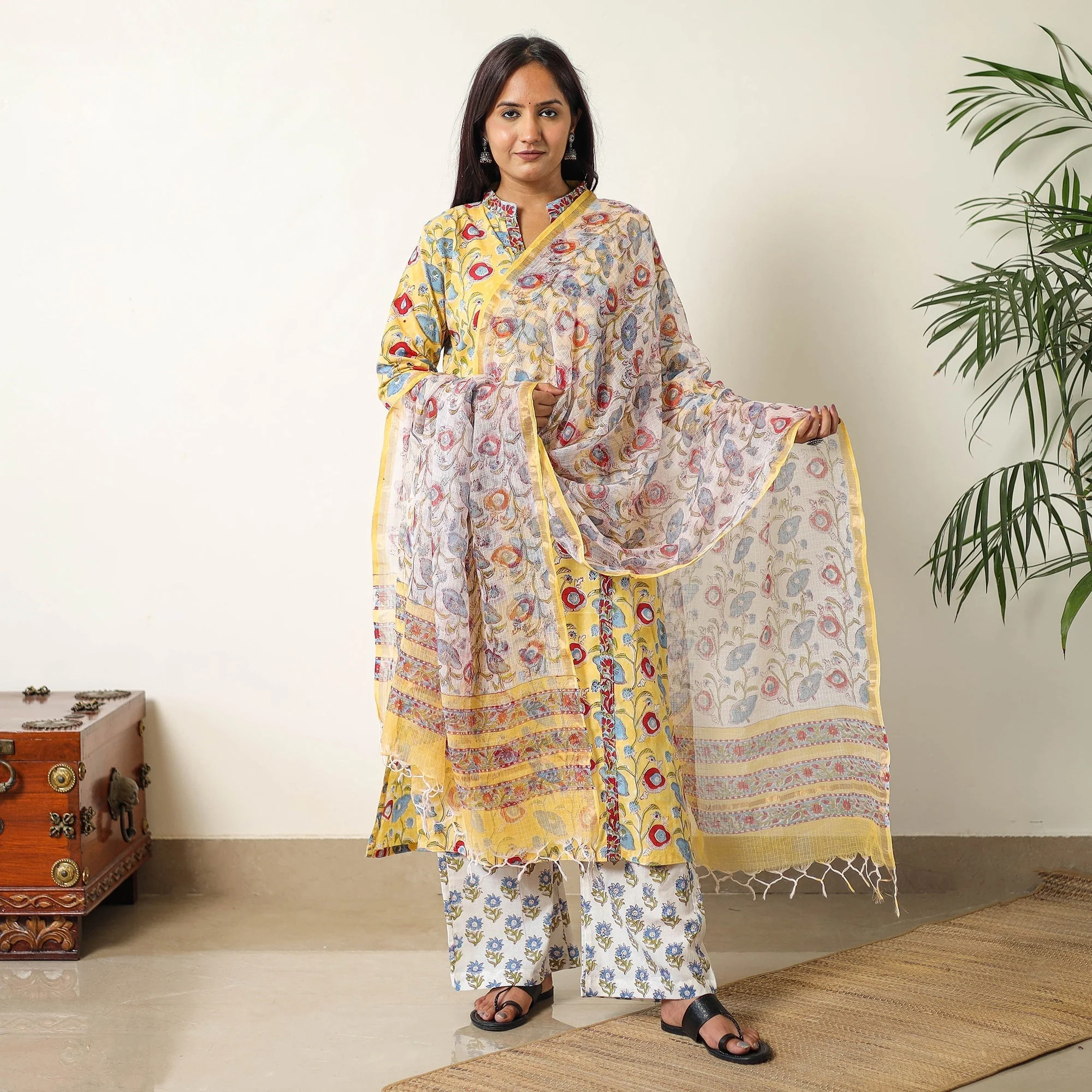 Yellow - Sanganeri Block Printed Cotton Suit Set with Dupatta for women 03