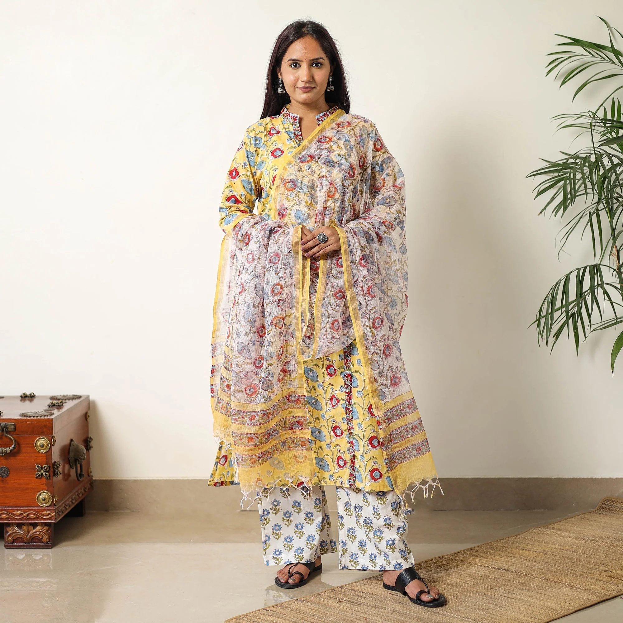 Yellow - Sanganeri Block Printed Cotton Suit Set with Dupatta for women 03 - Image 2