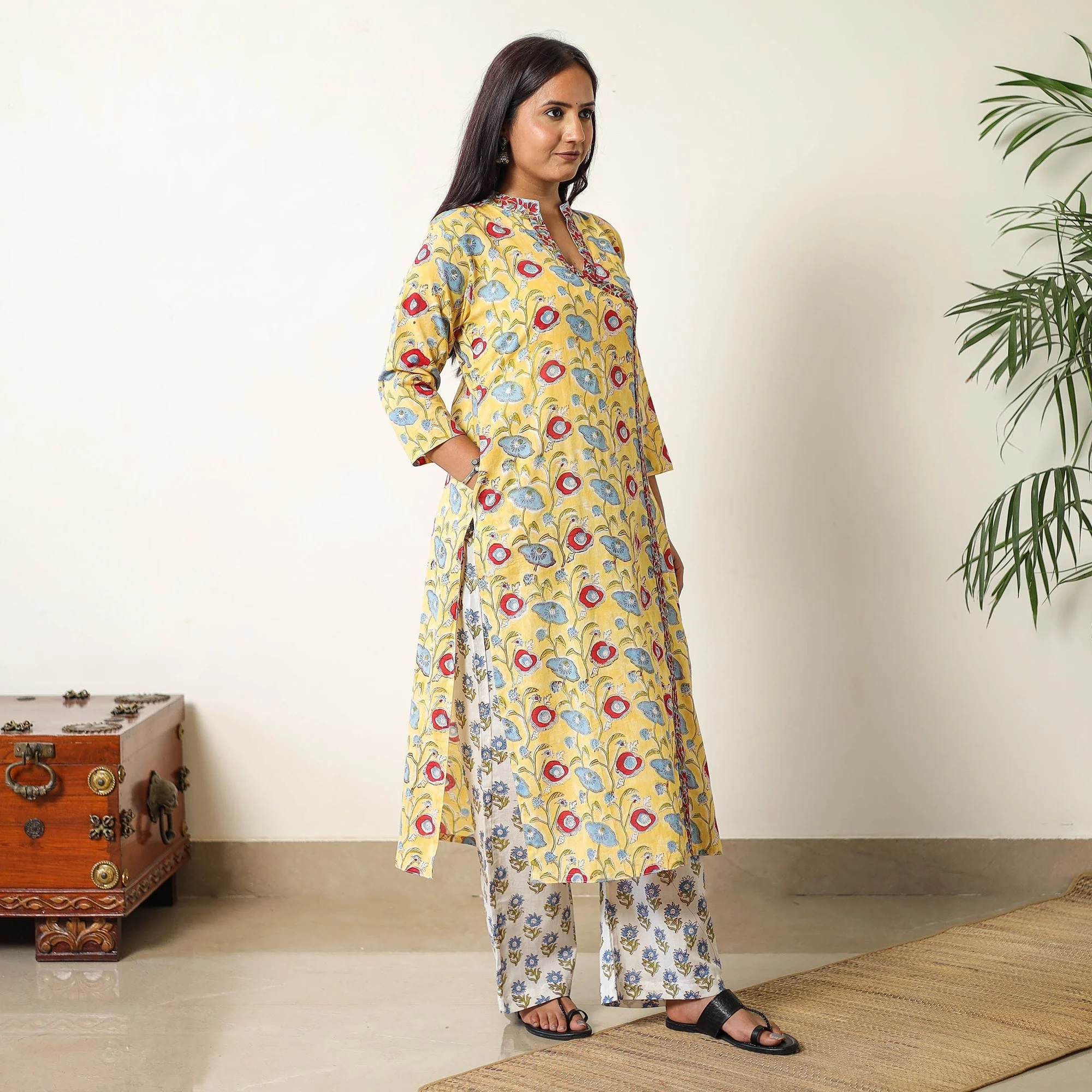 Yellow - Sanganeri Block Printed Cotton Suit Set with Dupatta for women 03 - Image 3