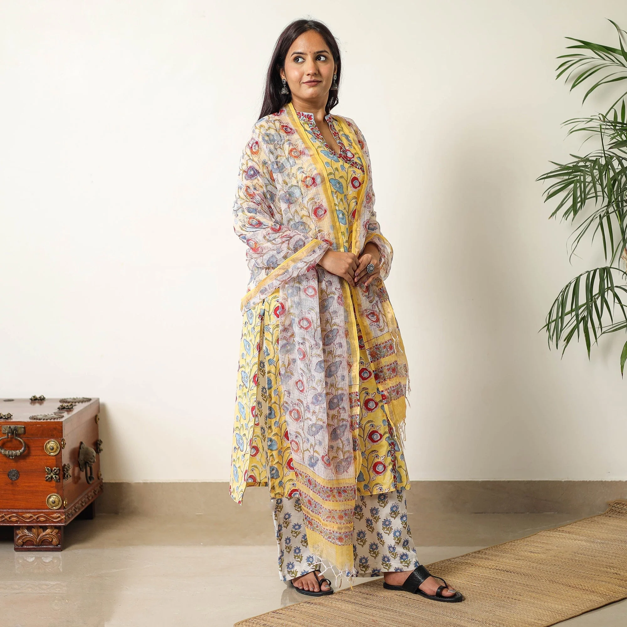 Yellow - Sanganeri Block Printed Cotton Suit Set with Dupatta for women 03 - Image 4