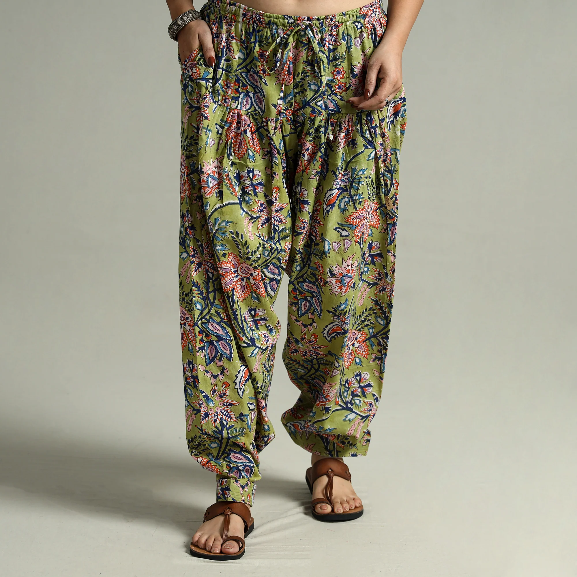 Green - Sanganeri Block Printed Cotton Elasticated Salwar 07 - Image 3