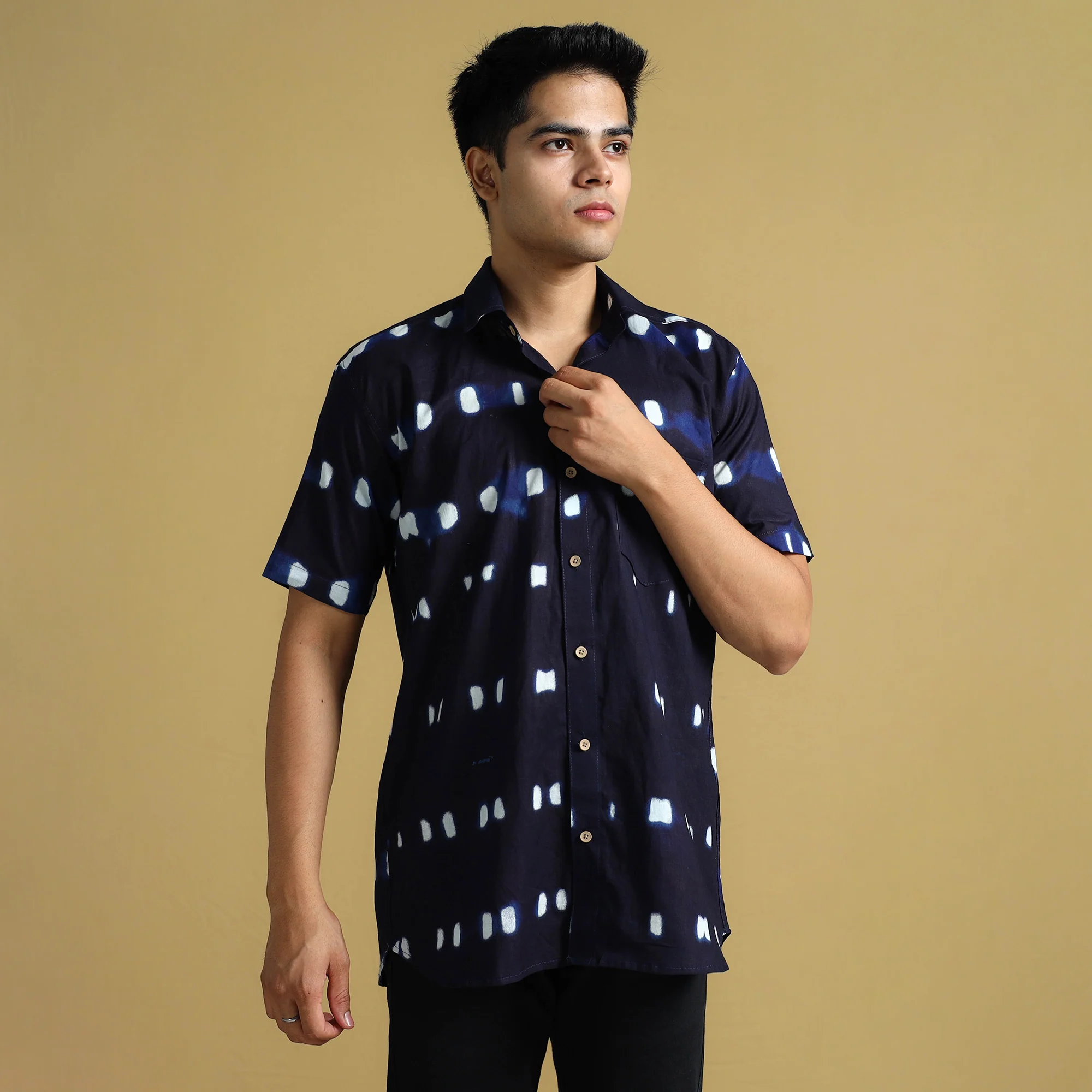 Blue - Shibori Tie-Dye Cotton Men Half Sleeve Shirt 10
