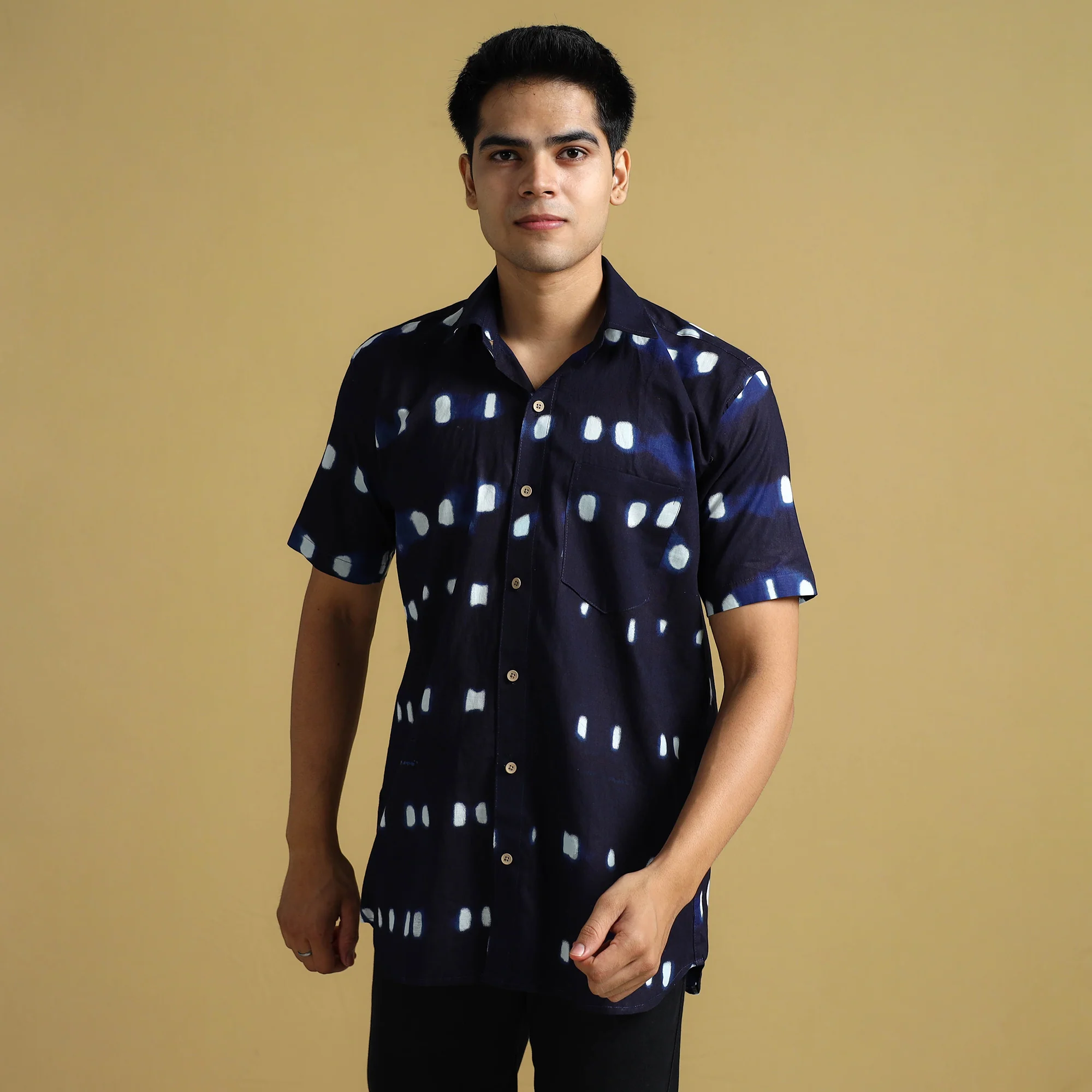 Blue - Shibori Tie-Dye Cotton Men Half Sleeve Shirt 10 - Image 3