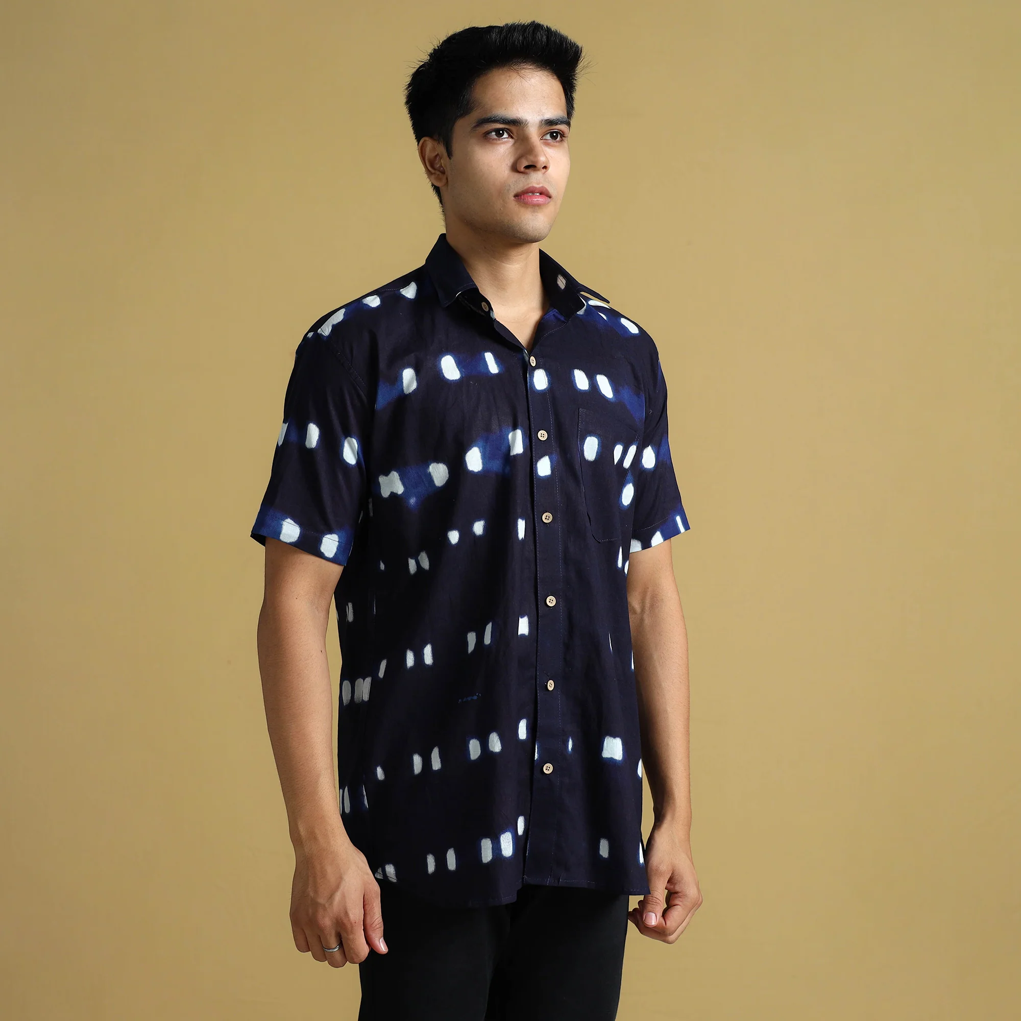 Blue - Shibori Tie-Dye Cotton Men Half Sleeve Shirt 10 - Image 4