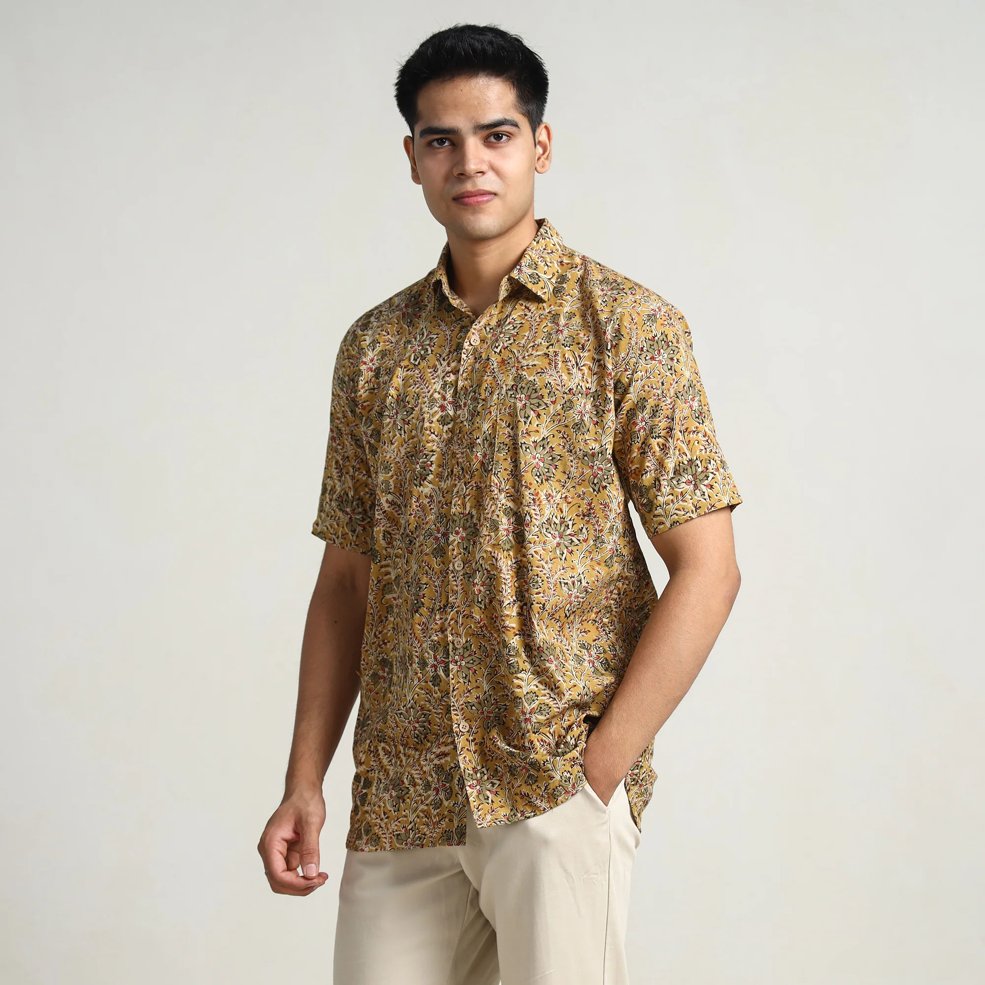 Yellow - Pedana Kalamkari Block Printed Cotton Men Half Sleeve Shirt 02